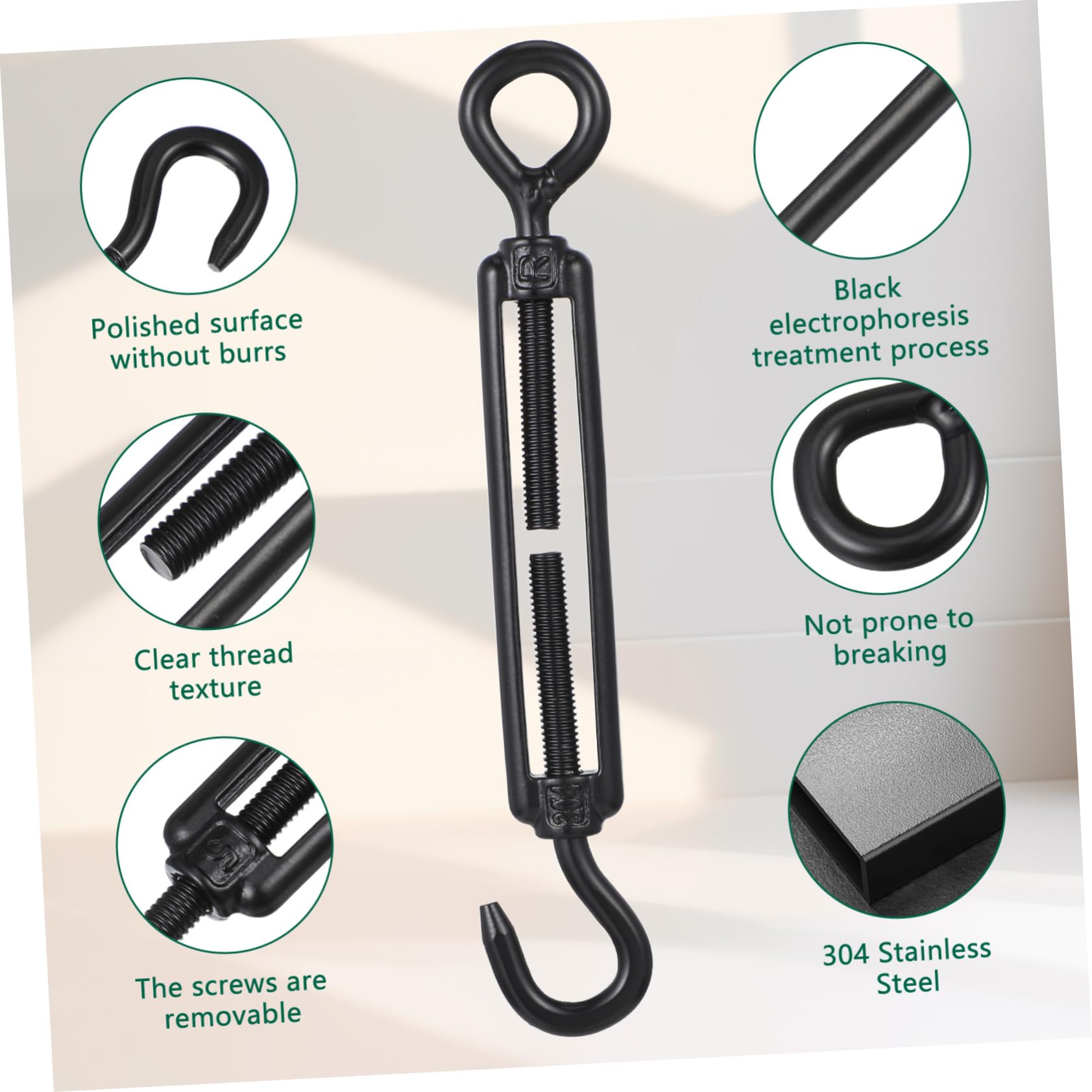 Hemobllo 5 Piezas de Tensor de Cables M5 de Acero Inoxidable 304 Acabado Negro Electroforesis, Gancho de Cable Ajustable para Tensores de Alambre en Aplicaciones Industriales y Domésticas