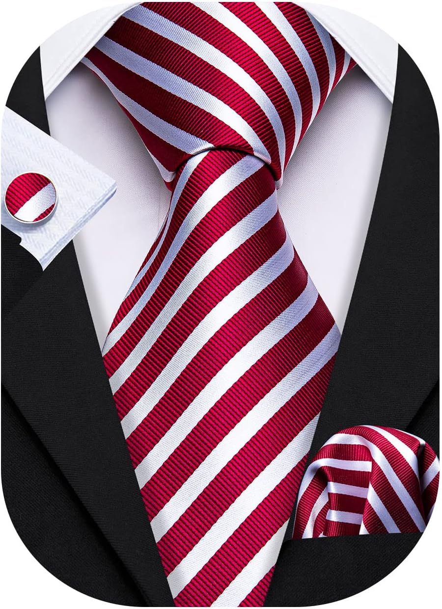 Man Stripe Ties Set Silk Woven Pocket Square Necktie Cufflinks Formal Party Business