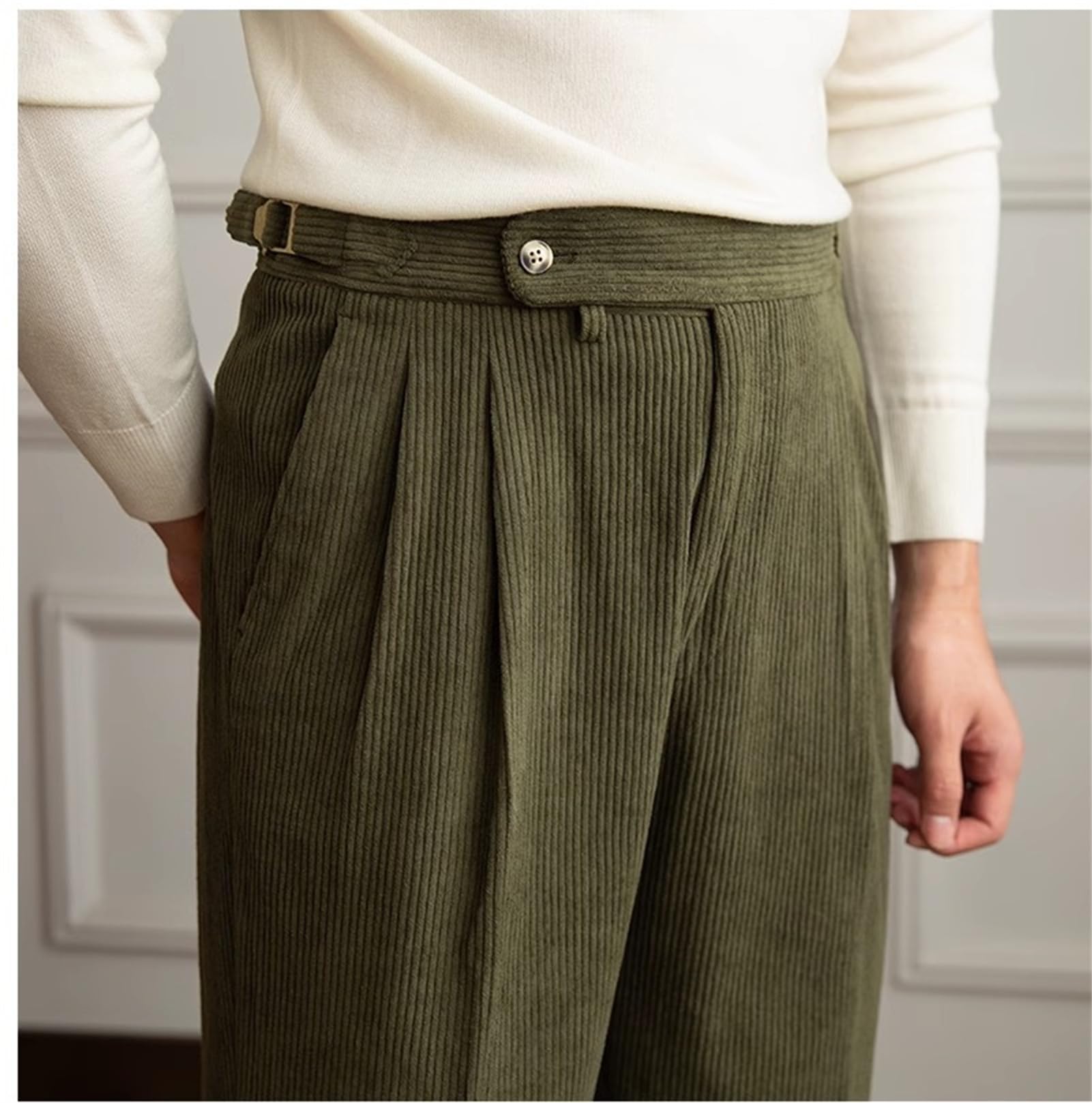 Pantaloni da uomo a vita alta in tweed, pantaloni vintage da uomo in tweed a spina di pesce pantaloni dritti a vita alta
