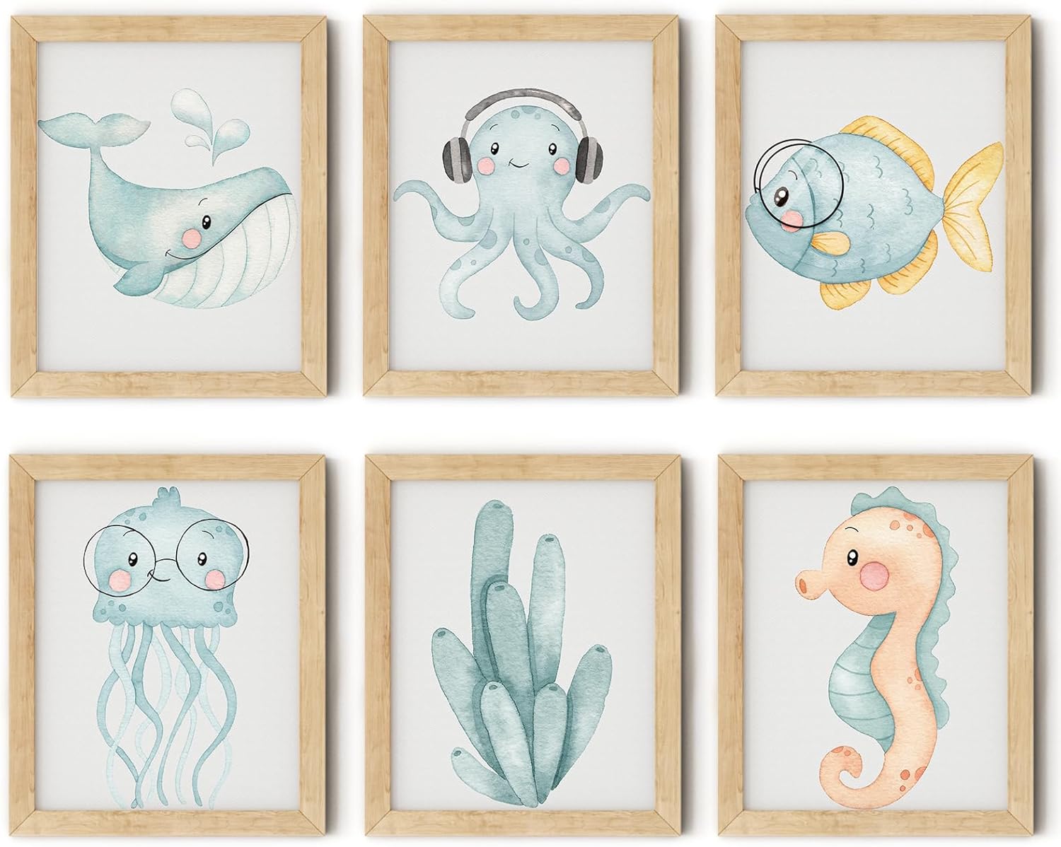 Blue Watercolor Nursery Posters Wall Art Set of 6 Ocean Animal Canvas Art Prints Pictures Sea Whale Jellyfish Seahorse Wall Decor Paintings Nautical Beach for Baby Kids Room 12x16 Inch Unframed