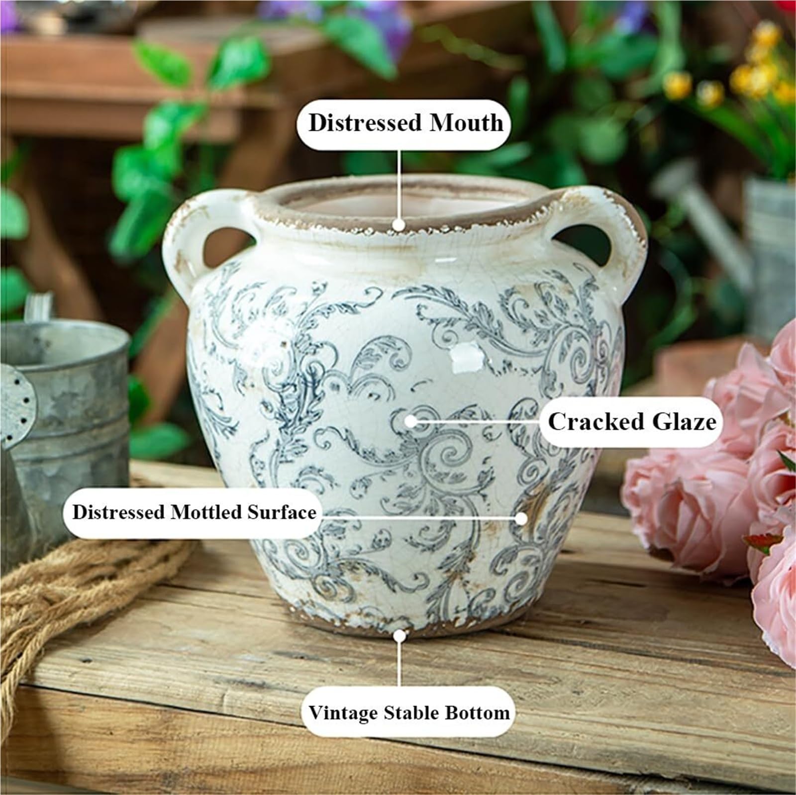 Śmieszne doniczki na kwiaty, ceramiczna doniczka w stylu "used look", retro, rustykalna, szara ozdobna doniczka do dekoracji ogrodu, werandy