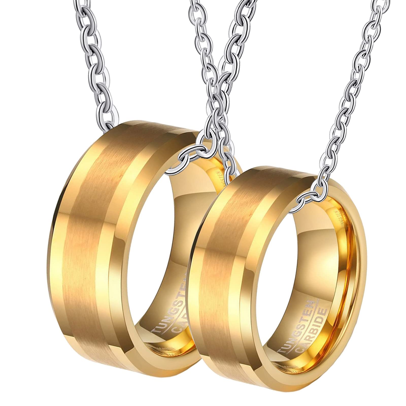 Gualiy Collar de acero de tungsteno para parejas, collar de anillos a juego para parejas, anillo dorado cepillado de 8 mm, collar de borde biselado, No es una piedra preciosa