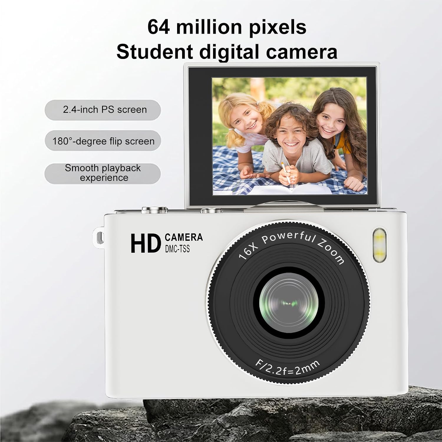 4K Digital Camera, Vlogging Camera with 64MP 4K UHD Video, 2.4-inch 180 Flip Screen, 16X Zoom AF, Built in MP3 Player, Compact Portable, for Teens Beginner (White)