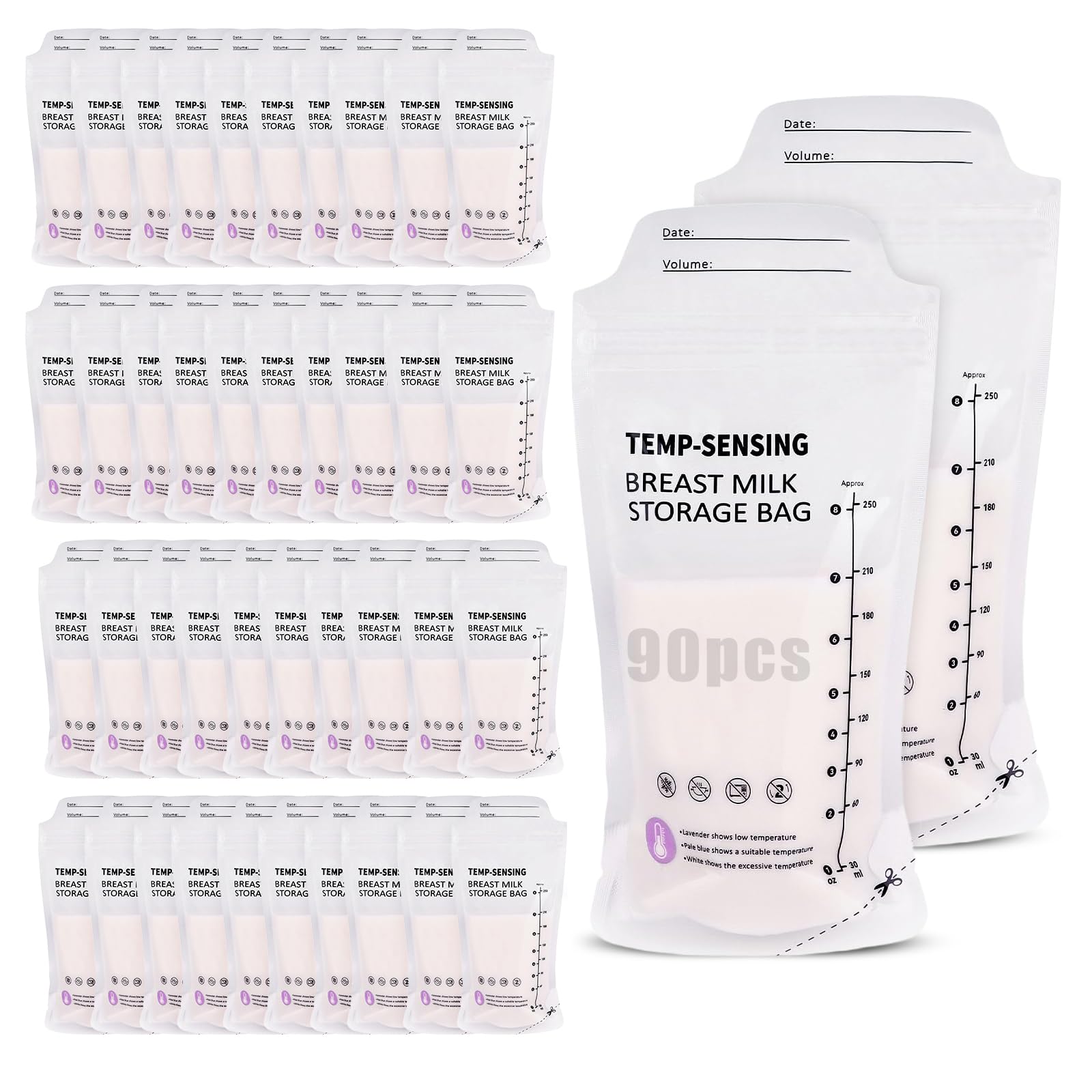 90 Pack Breast Milk Storage Bags 250 ml (8 oz) Milk Storage Bags with Temperature Sensing Colour Change Pour Spout for Easy Feeding Leakproof Pre-Sterilised Freezer Safe