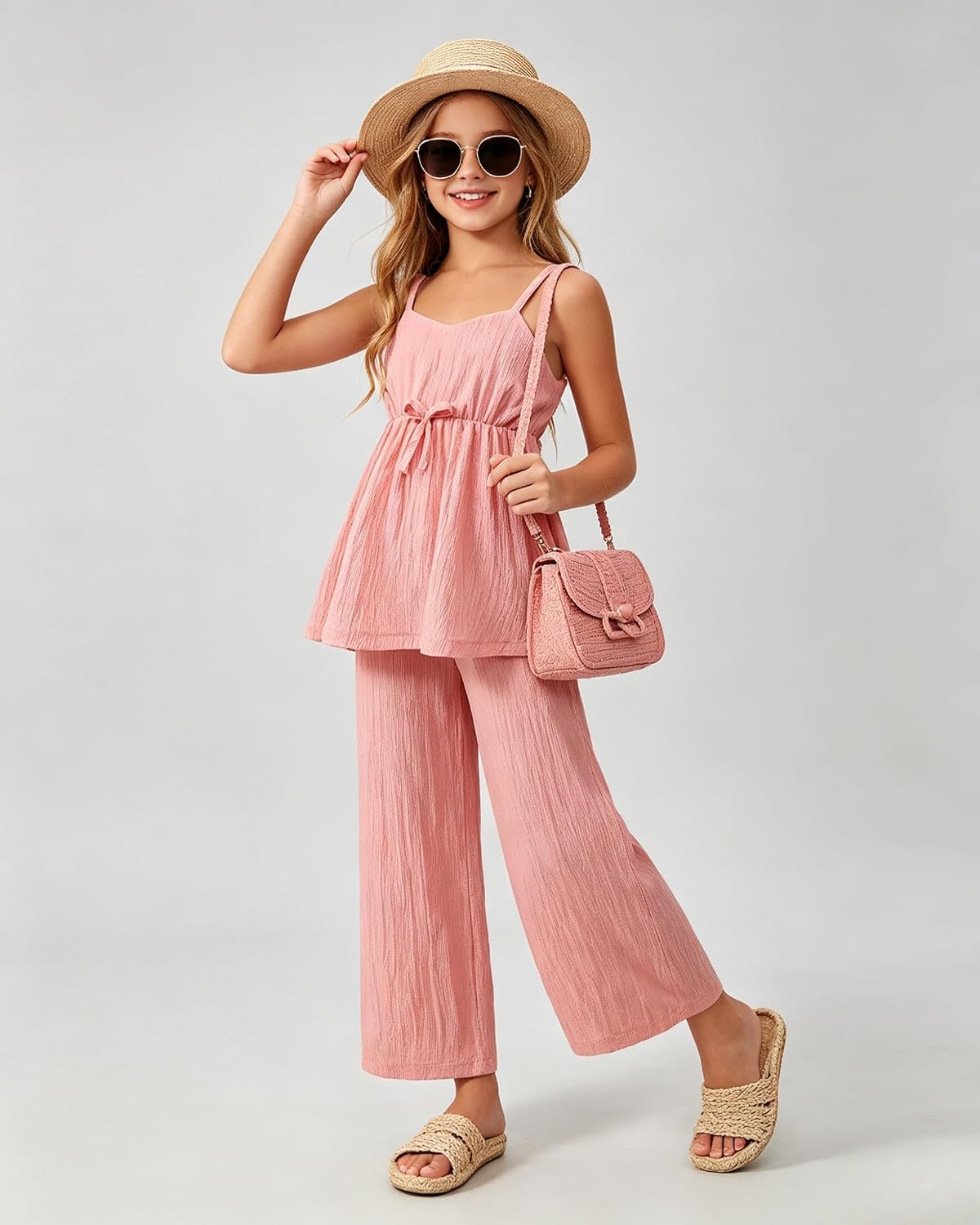 Cakaner Tween Girls Clothes 2 Piece Summer Outfit Set V Neck Cami Top & Wide Leg Pants Set Size 8-13