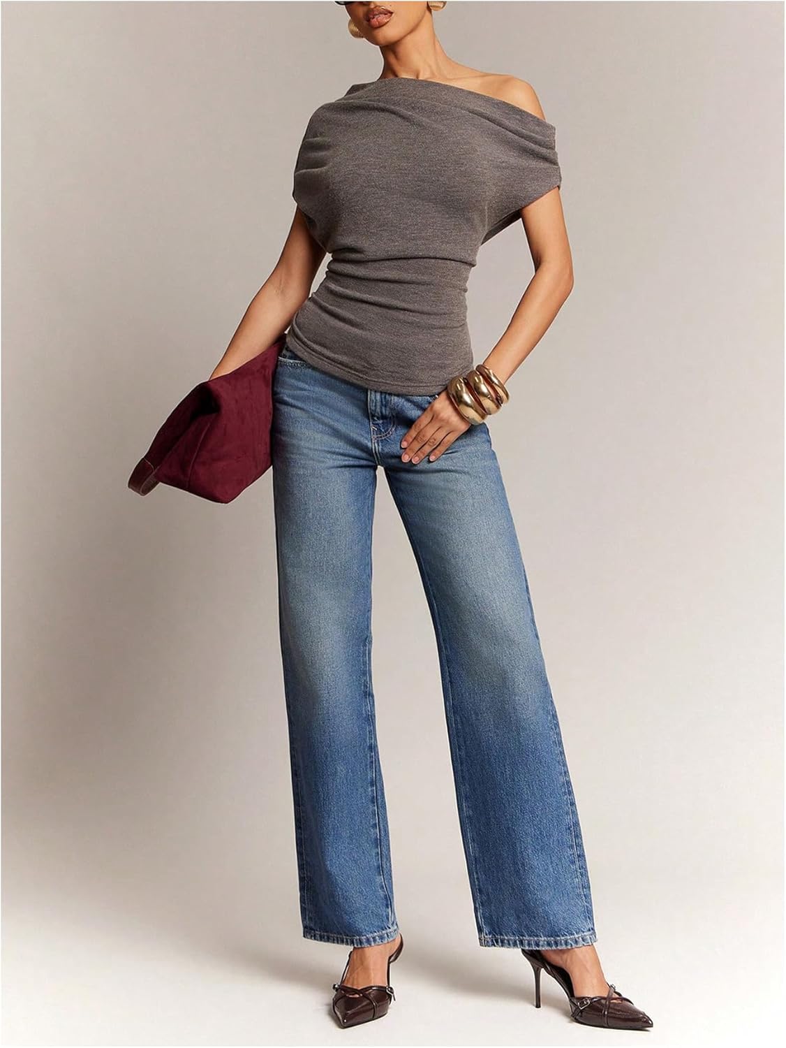 SHENHE Women's Off Shoulder Short Sleeve Knit Top Ruched Cinched Waist Dressy Going Out Top - Image 3