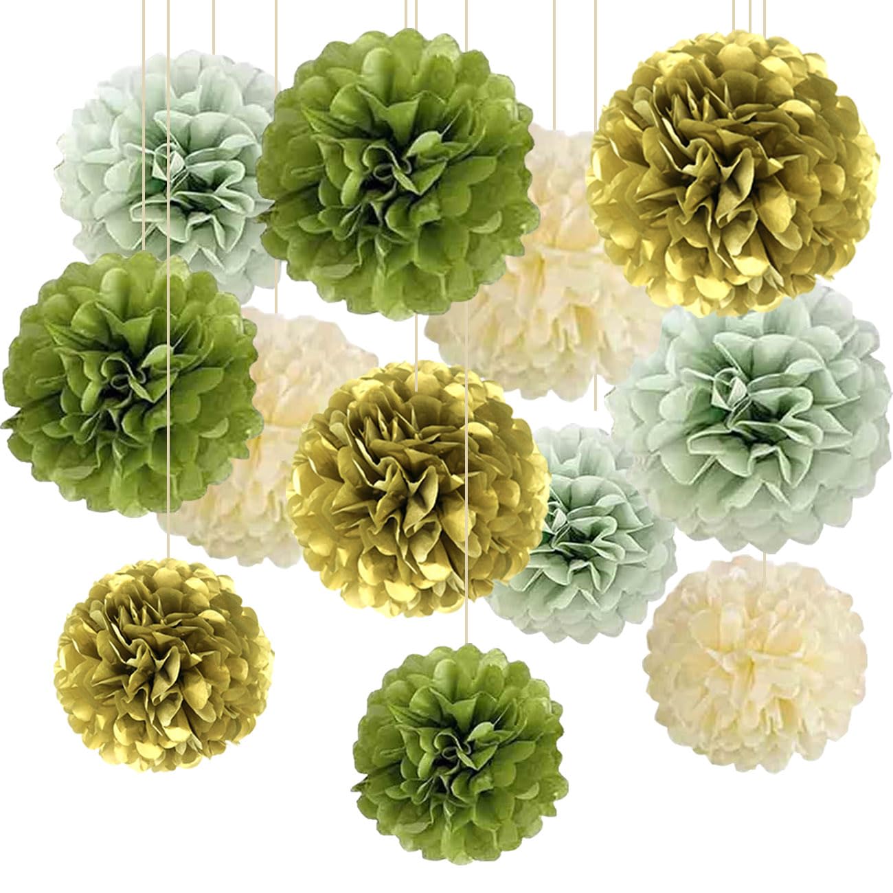 12pcs Sage Green Olive Green Gold Birthday Decorations,Tissue Paper Pom Poms for Boho Baby Shower Wedding Wild Safari Greenery Party Decorations โ image 1
