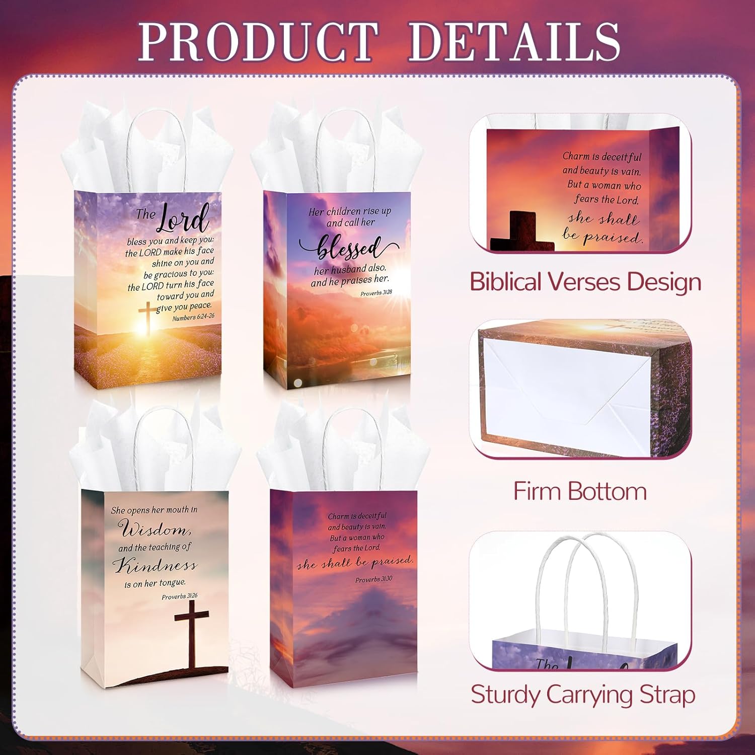 Moinchore Christian Mothers Day Gifts Bags Bulk with Tissue Religious Bible Verse Church Baptism Paper Gifts Bags for Women Mom with Handle for Easter Church Welcome Visitors, 4 Styles(100 Sets)