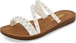 CUSHIONAIRE Andrea Strappy Women’s Sandals, Comfortable Studded Flat Slides for Women with Cushioned Footbed