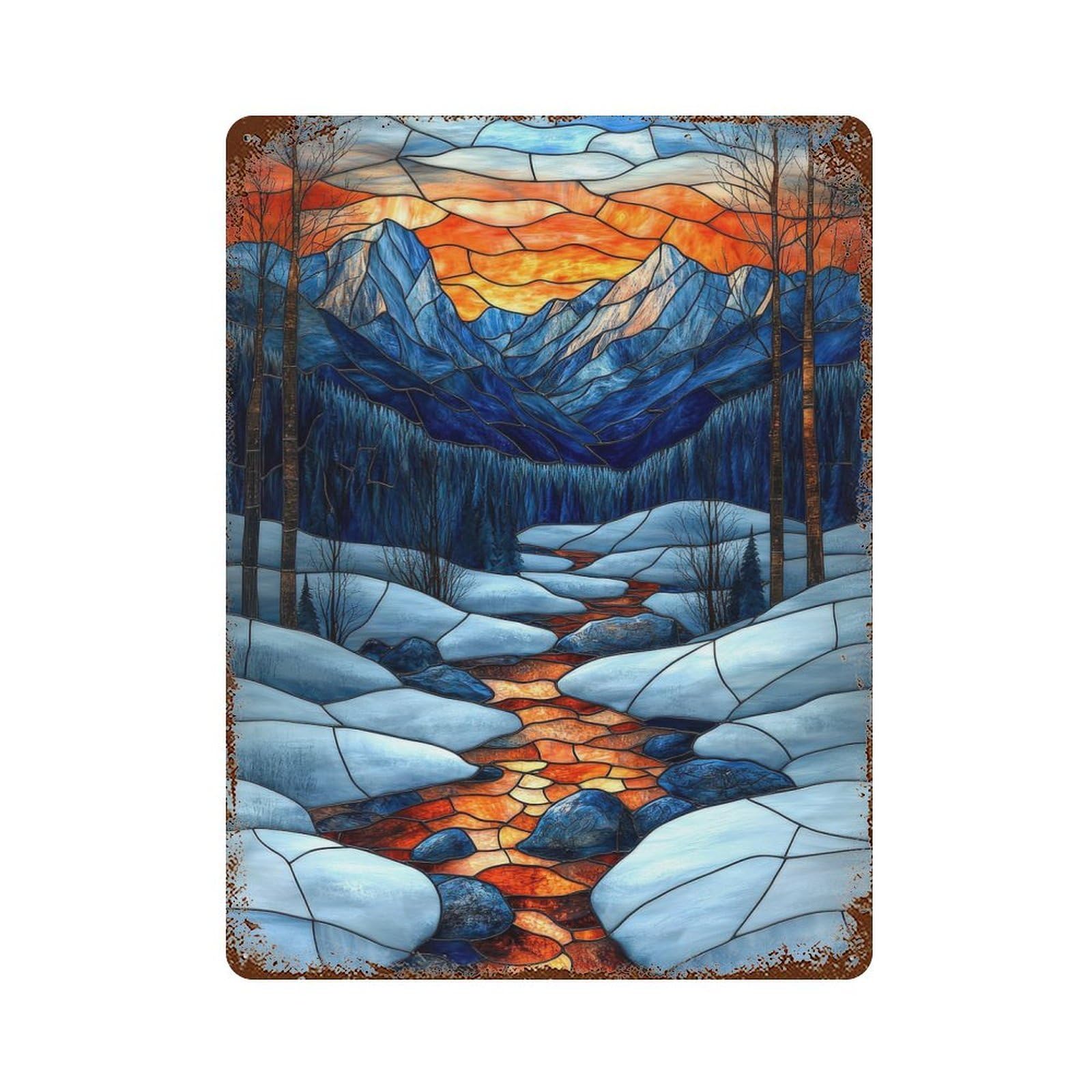 Stained Glass Mountain Stream Rustic Tin Plaque 15.7"x11.8", Ideal for Cafe, Home Bar And Lounge Decor