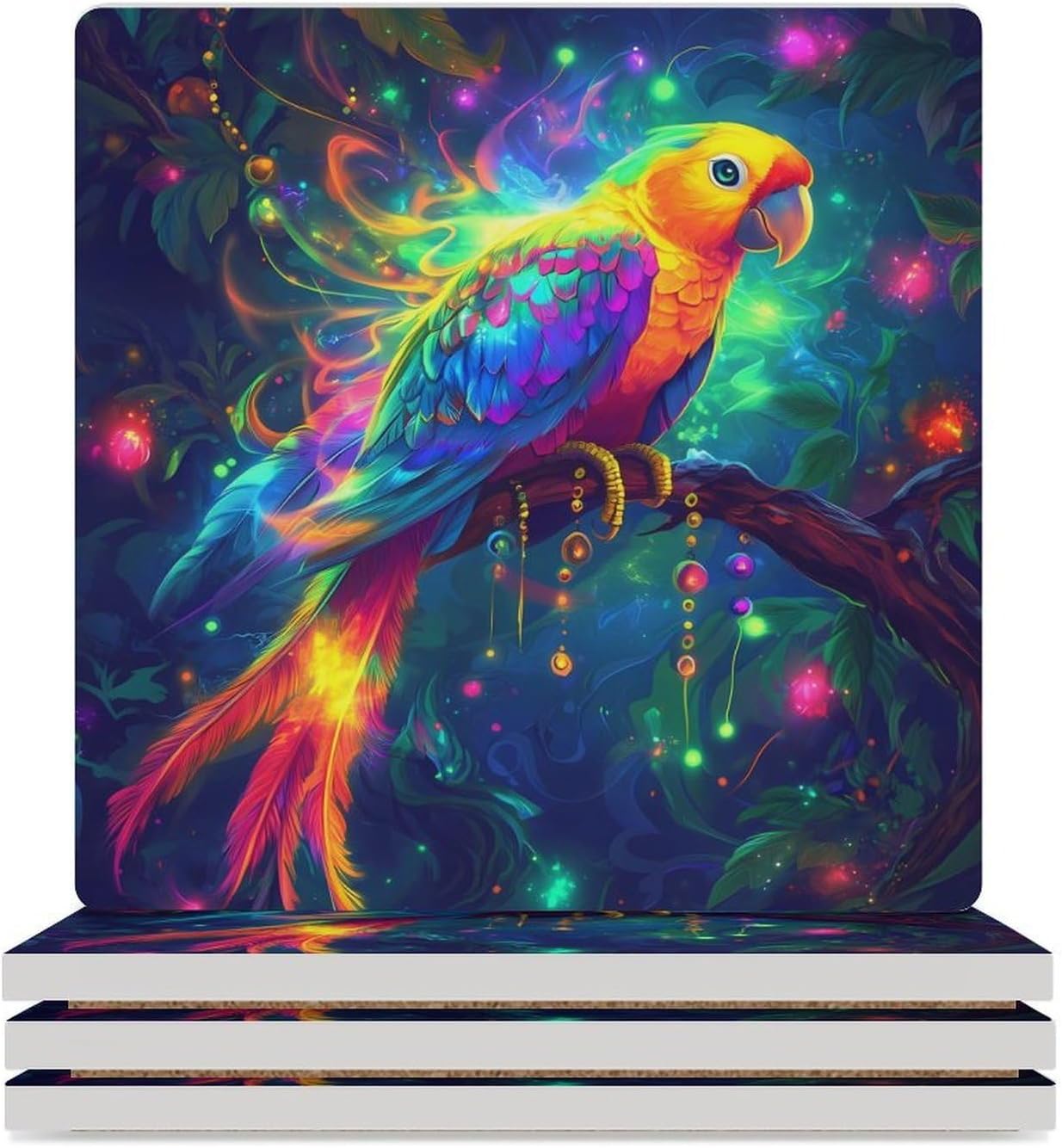 Parrot Colorful Bird Funny Ceramic Coasters for Drink Absorbent Cup Holders Tabletop Protection