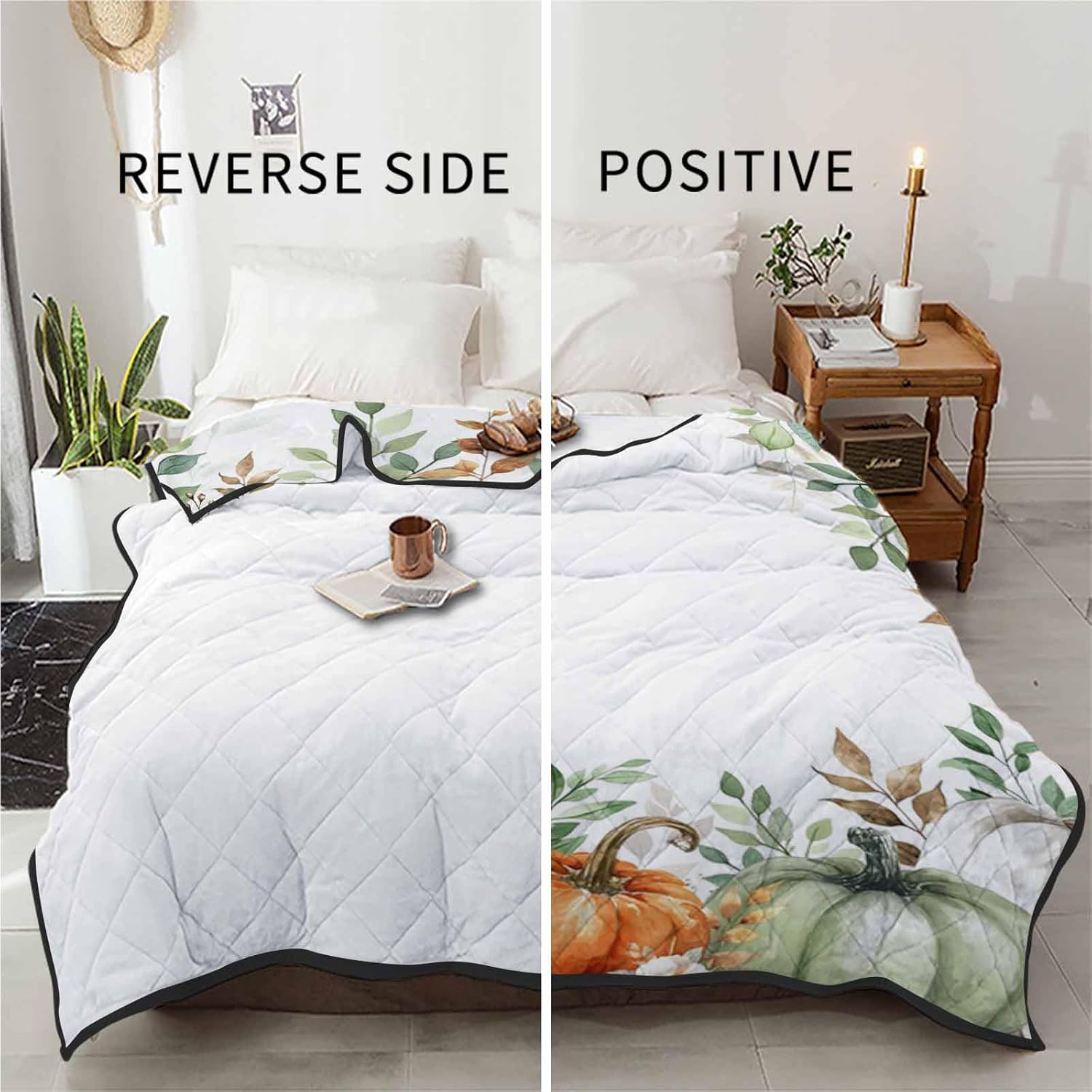 T&H XHome Quilt Full Size Luxury Quilted Comforter Bedspread-Thin Soft Cozy, Eucalyptus Leaf Fall Pumpkin Floral Thanksgiving Reversible Stitched Lightweight Quilt Coverlet for All Season