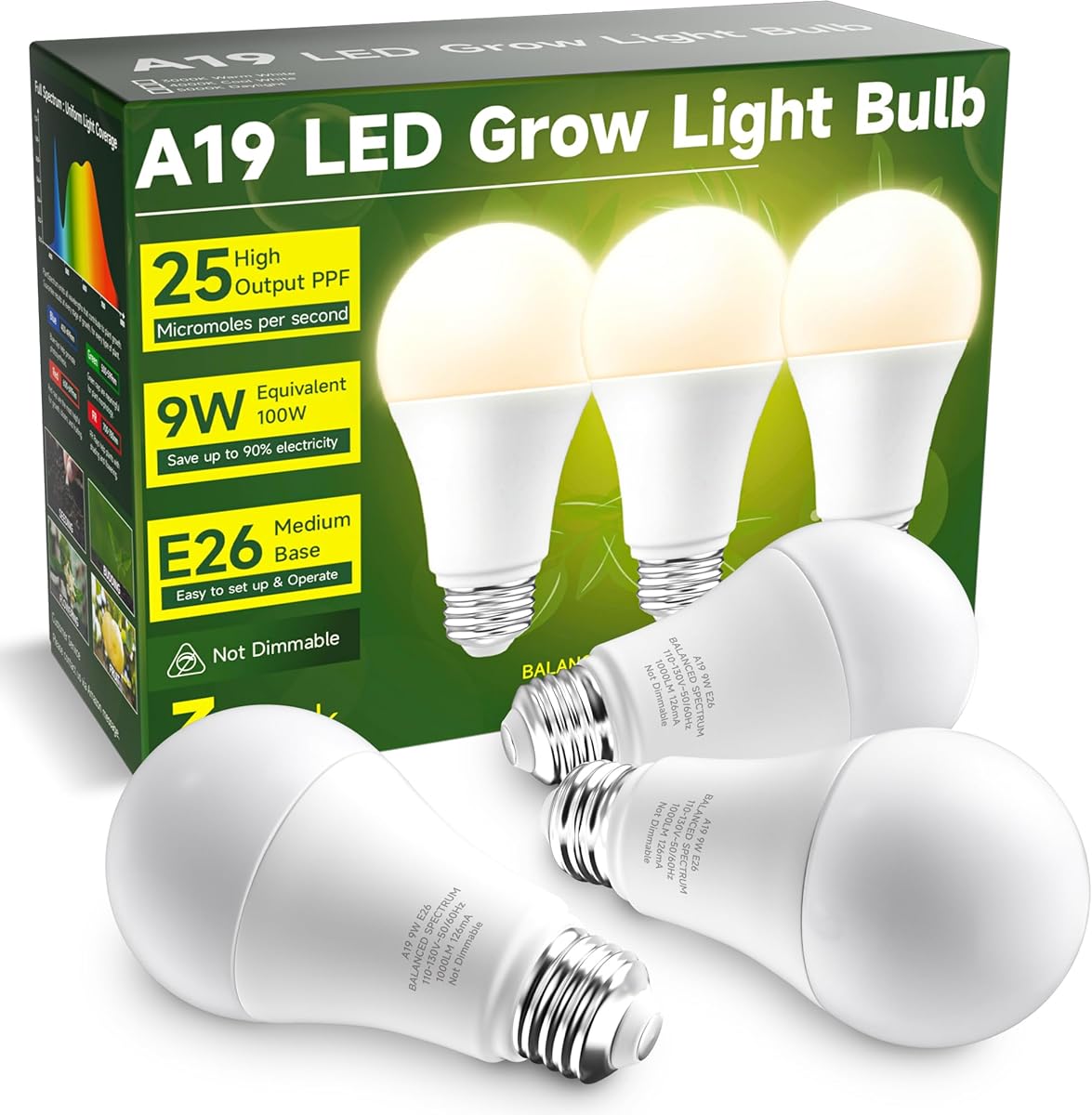Grow Light Bulbs, A19 Grow Light Bulb, Full Spectrum Light Bulb, Plant Light Bulbs E26 Base, 9W Plant Grow Light Bulbs 100W Equivalent, Grow Light for Indoor Plants, Seeds, Flowers, 3 Pack