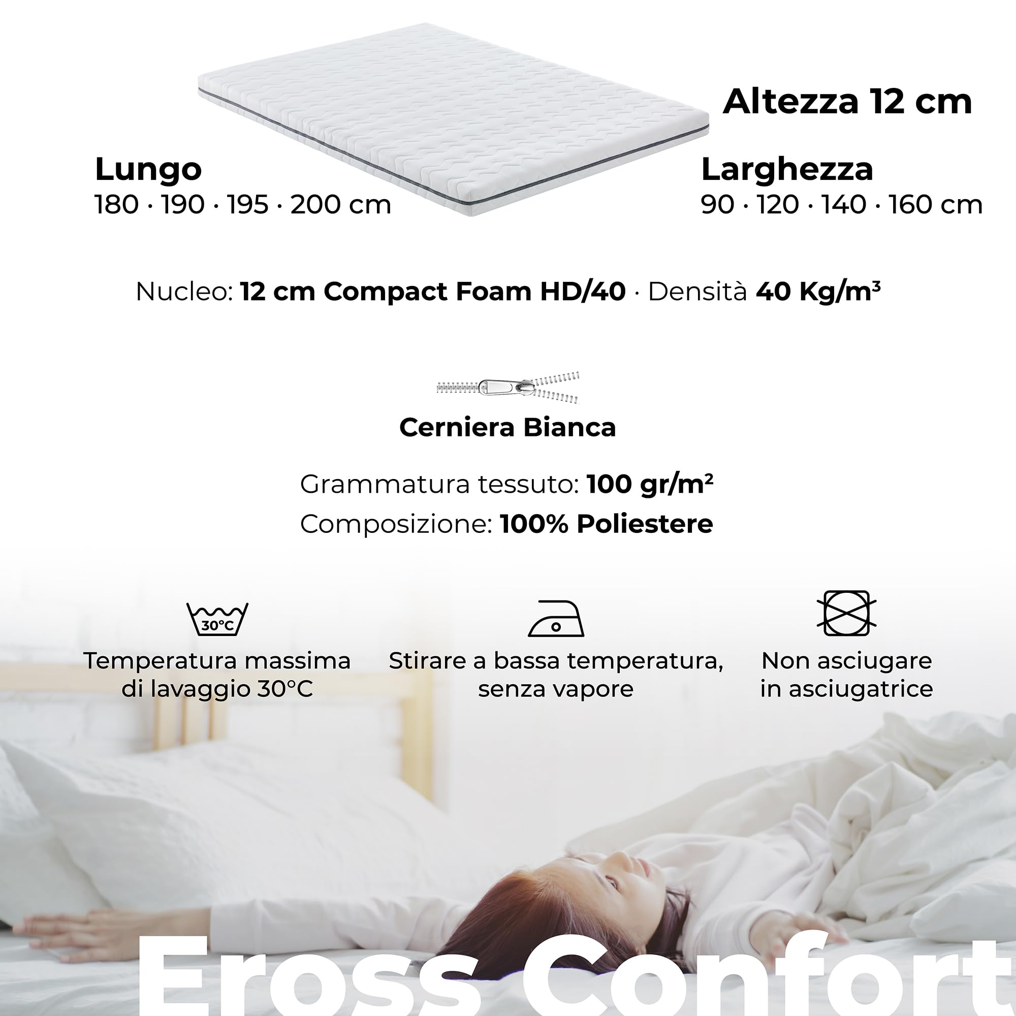 Materasso doppio per Divano Letto 140x180 cm, Antibatterico e Antimuffa, Rivestimento con Cerniera, Lavabile e Traspirante, Anima Indeformabile, Bianco.