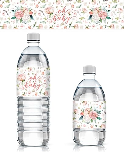 Baby in Bloom - Etiquetas para botellas de agua para baby shower, 20 calcomanías impermeables para baby shower de niña con diseño floral rosa