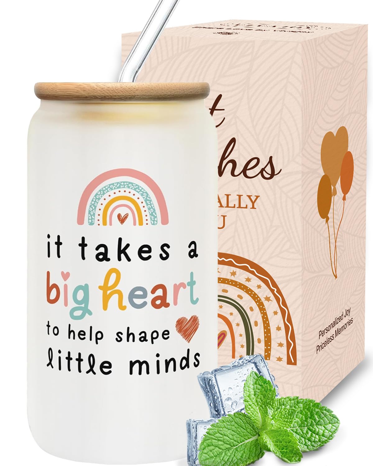 VivaJoy Teacher Gifts, Gifts for Teachers, Cups with Lids and Straws, Colorful Pattern with Beautiful Rainbow and Cute Heart, Thank You Teacher Gift for Women — image 1
