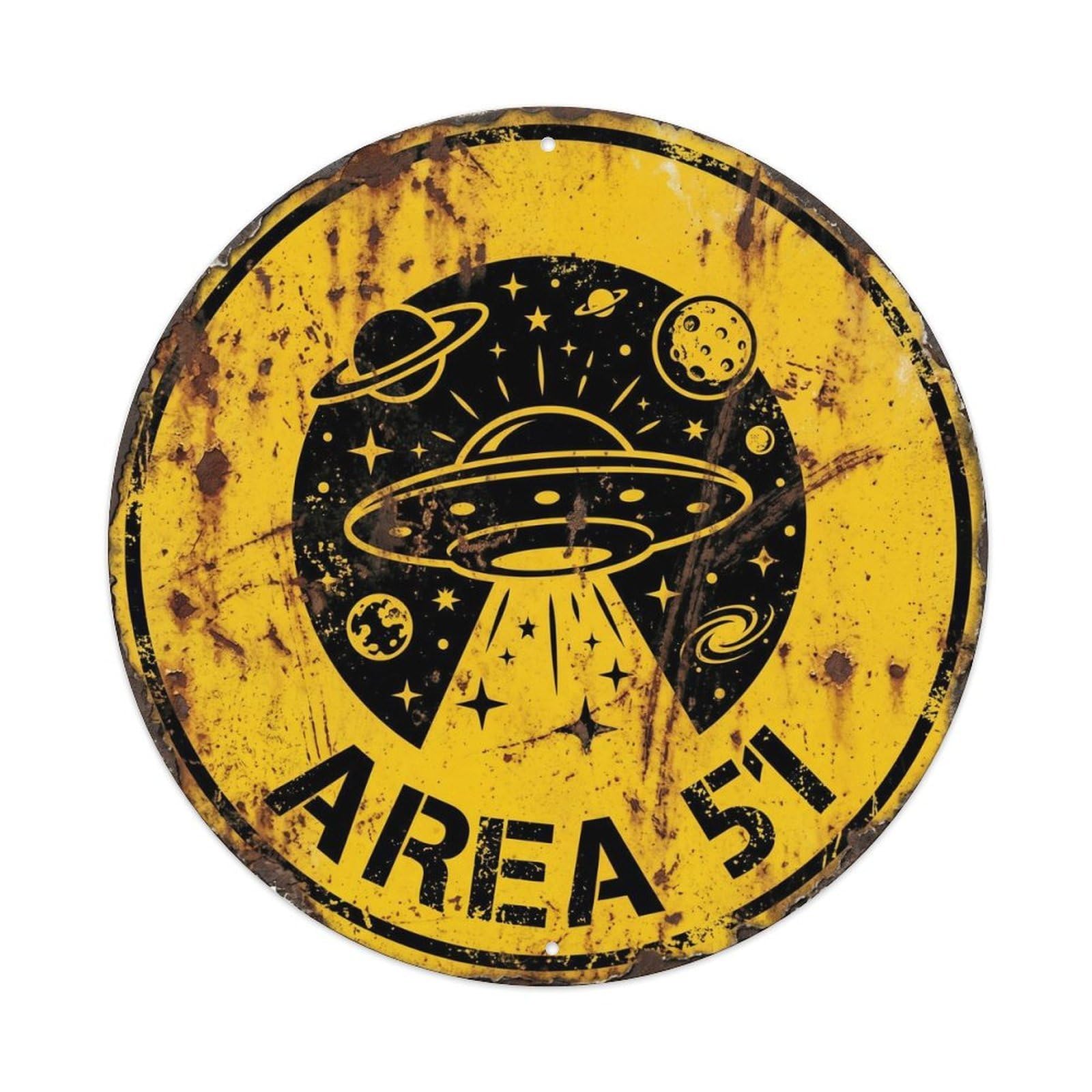 Vintage Alien Area 51 Space Exploration Metal Tin Sign Plaque Wall Decor for Cafe, Club, Garden Round Metal Poster 8x8Inch