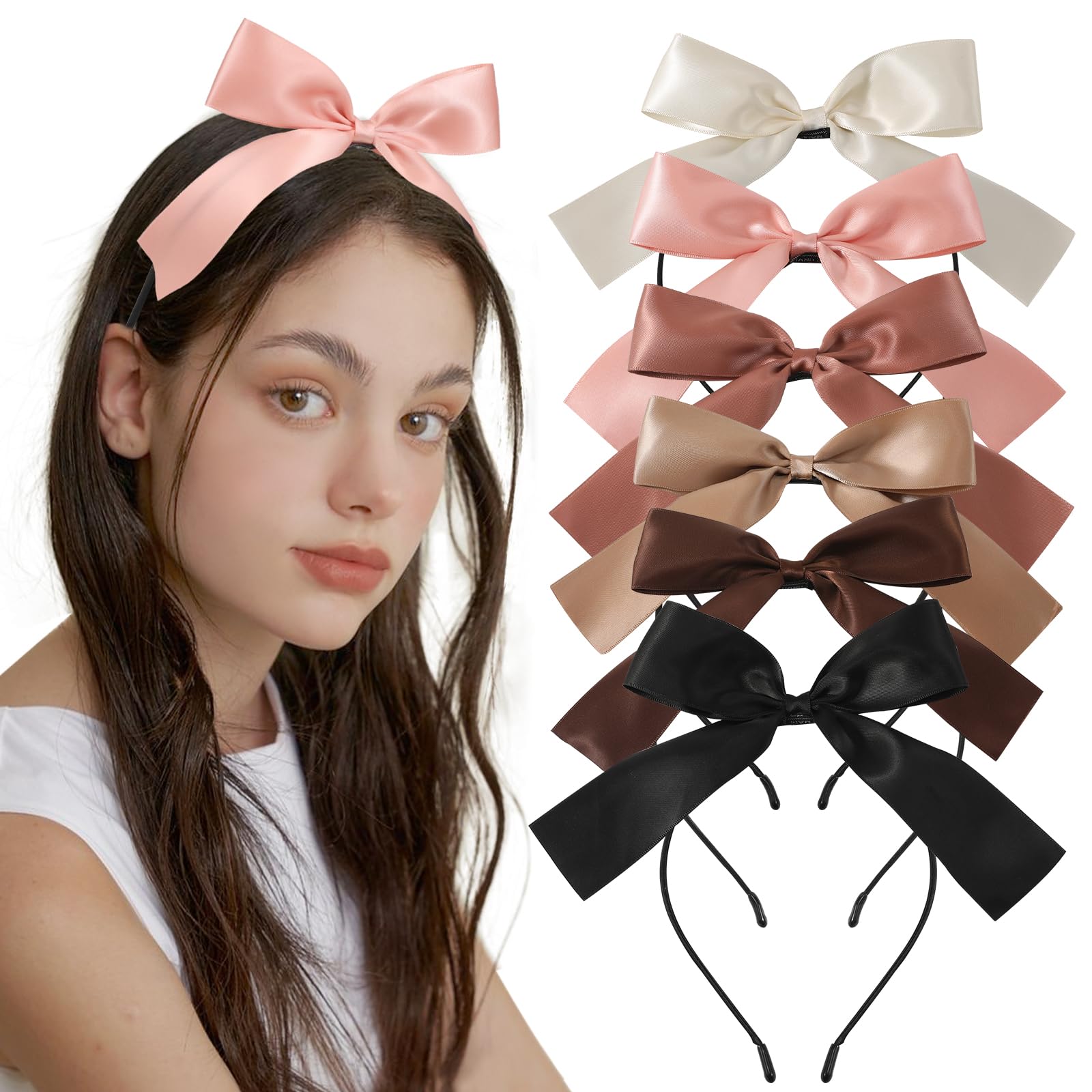 Glaudmeiss 6PCS Bow Headbands, Hair Bows for Women Girls, Silky Satin Ribbon Tails, Neutral Color Cute Bows Hair Bands, Cute Barrettes Aesthetic Hair