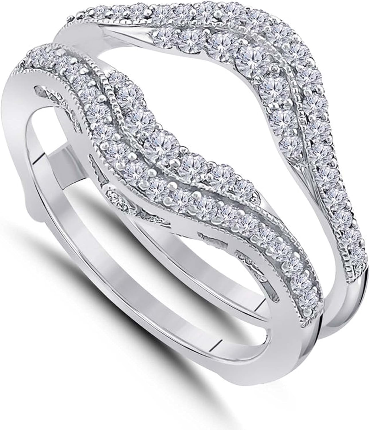 V Touch Round Cut D/VVS1 Diamond Solitaire Enhancer Vintage Milligrain Guard Wrap Wedding Ring for Womens 925 Sterling Silver