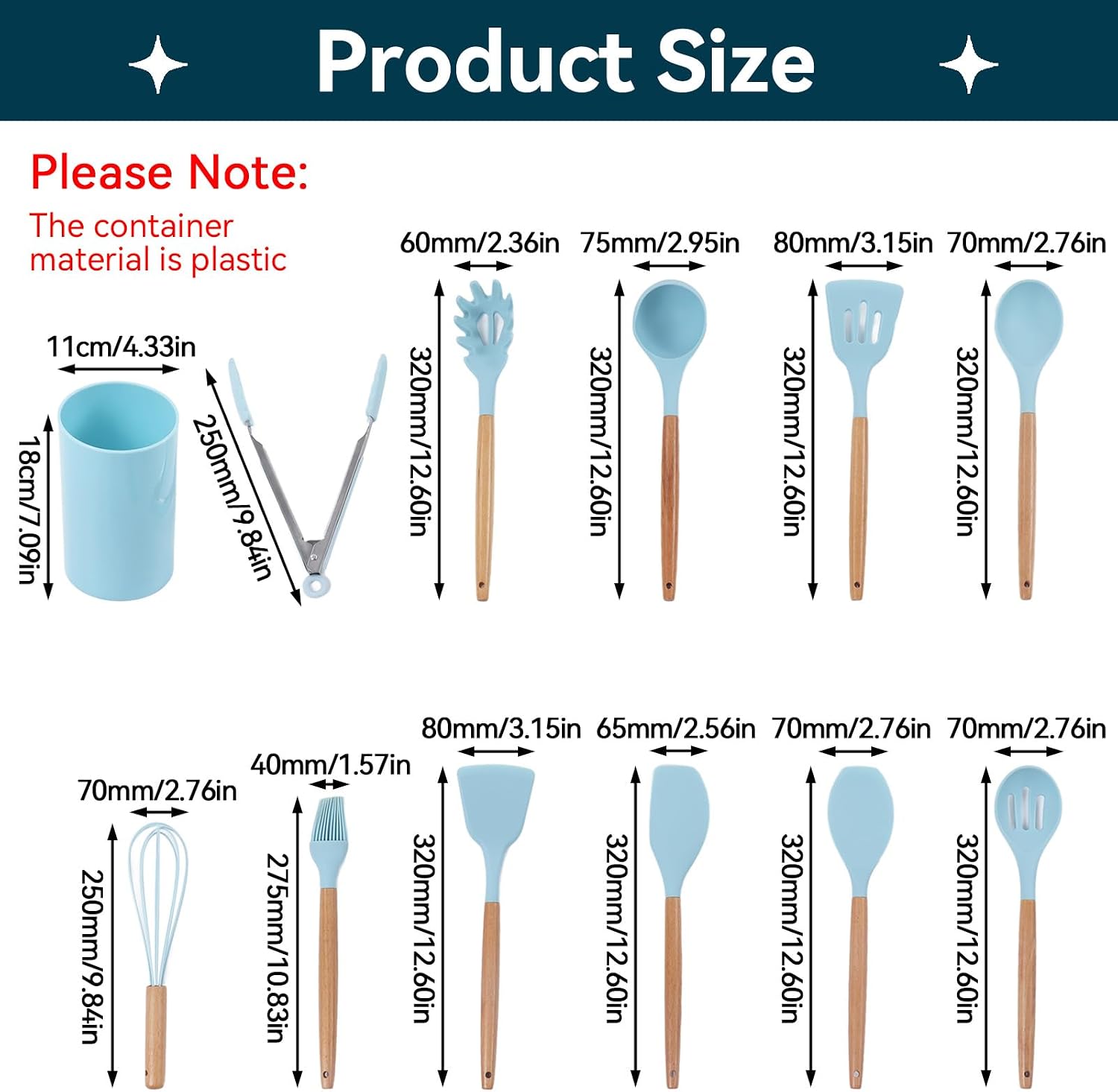 12pcs Cooking Utensils Set, Silicone Cooking Utensils Set Light Blue Non Stick Kitchen Utensil with Wooden Handle Silicone Kitchenware