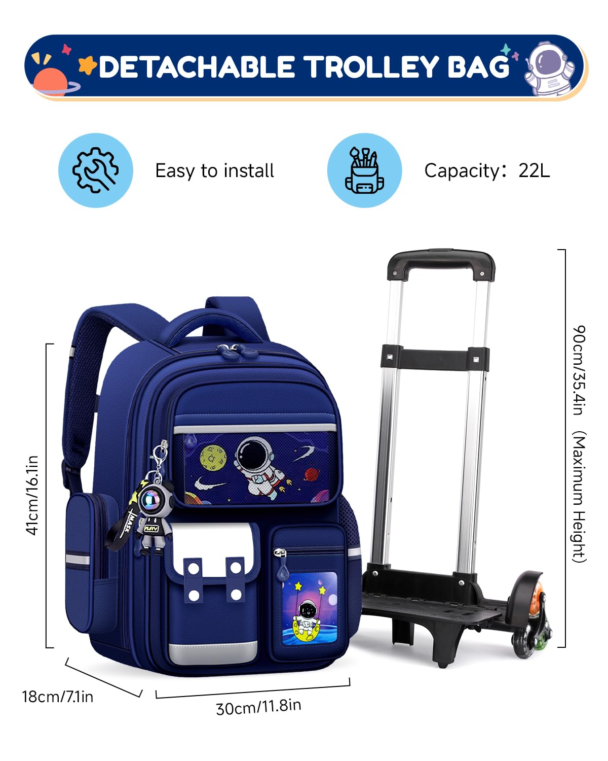 Amythe Mochila Escolar con Ruedas para Niño, Mochila Infantil con Carrito Desmontable 6 Ruedas, 20LMochilas Colegio Grande con Carro para Primaria, Edades 6-10 Años,Azul