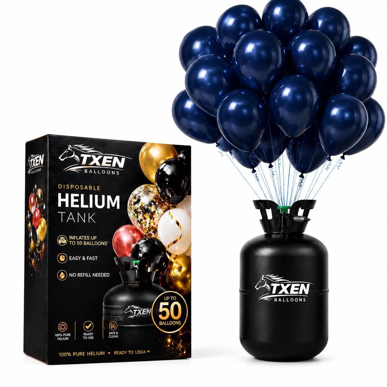 TXEN Disposable Helium Tank, 13L Portable Balloon Helium Cylinder, Fills up to 50 Latex Balloons, Includes 50 Navy Blue Balloons and Ribbon, Easy & Fast Inflation, No Refill Needed, Use for Parties