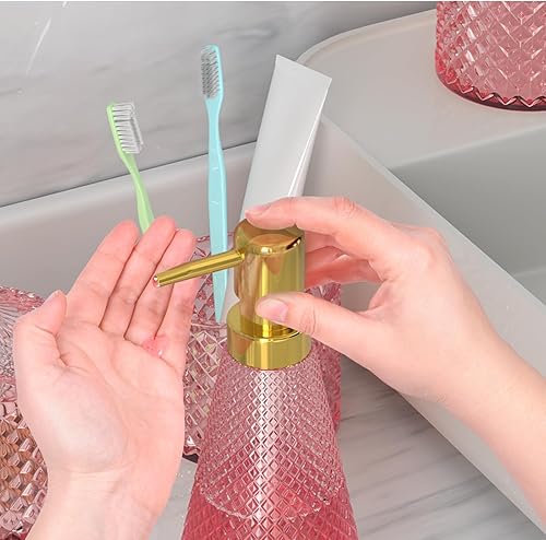 Miniatura 3 de Juego de accesorios de baño rosa, juego de accesorios de baño de vidrio 5 piezas con dispensador de loción, taza de enjuague bucal, jabonera,