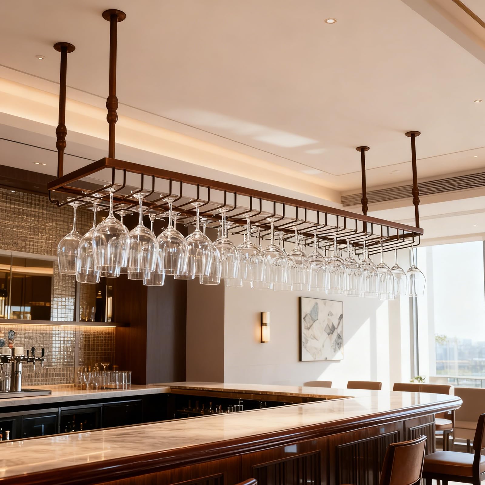 Support pour Verre à Vin Hauteur RéGlable, Porte-Verres à Pied Suspendu en Métal, Montage au Plafond Range Verre Suspendu Bar pour Famille, Restaurant, Hôtel, Bar (BN, 120x40x(30-60) cm)