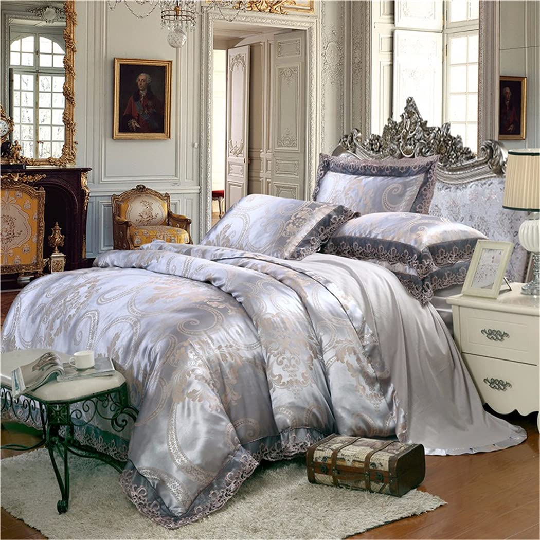 KEHAIOO Luxury Satin Jacquard Bedding Set, Queen King Size Bedsheet Bed Set, 4Pcs Gold Silver Cotton Silk Lace Duvet Cover Sets