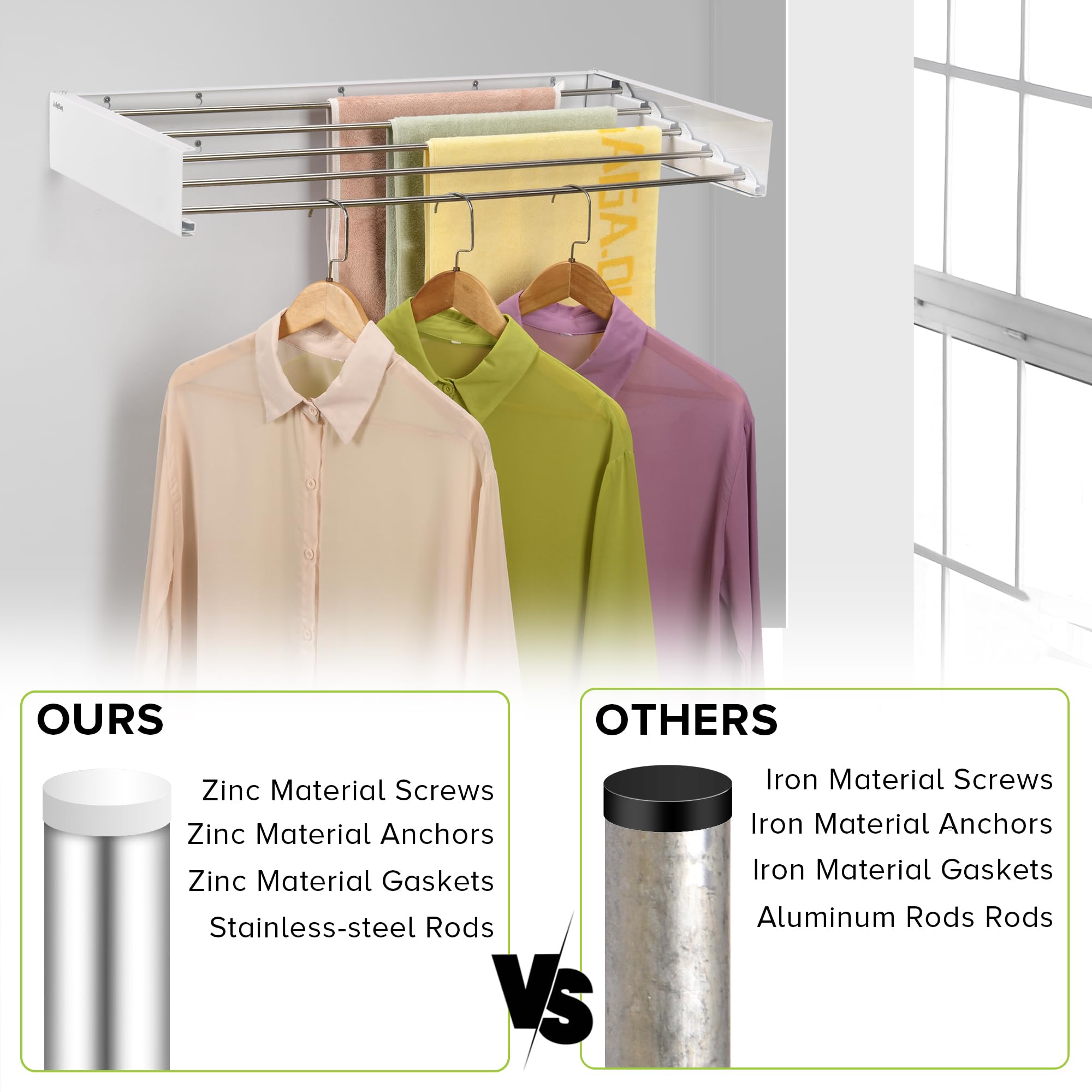 JolyBay Wall Mounted Laundry Drying Rack, Retractable Clothes Drying Rack for Bathroom with Wall Template, 5 Stainless Rods Heaving 60 lb Capacity (White, 31.5