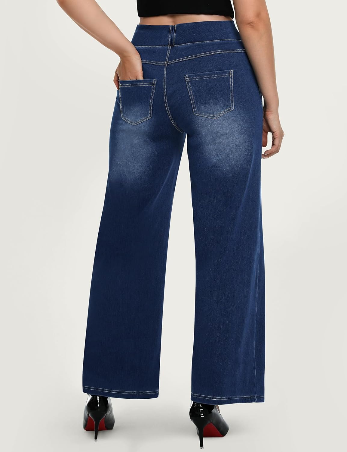 AVAMO Plus Size Jeans for Women Stretchy Wide Leg Pull On Sweatpant Jeans for Curvy Women High Waisted Baggy Denim Pants