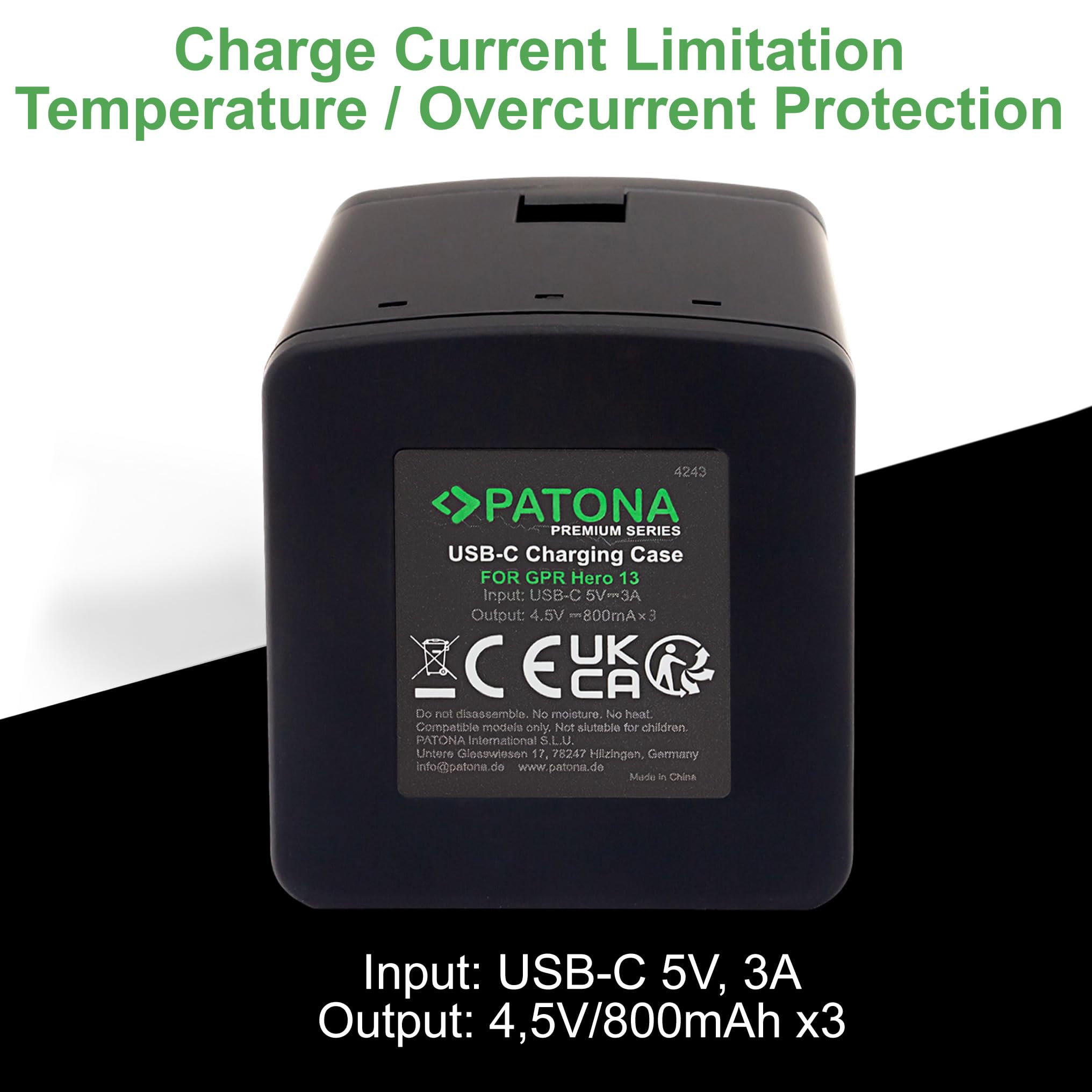 PATONA Premium Caricatore 3in1 Caricabatteria per GoPro Hero 13, AEBAT-201 | Ricarica Simultanea di 3 Batterie | Con Indicatore di Carica e Chiusura a Scatto | Compatto e Leggero | Cavo USB-C