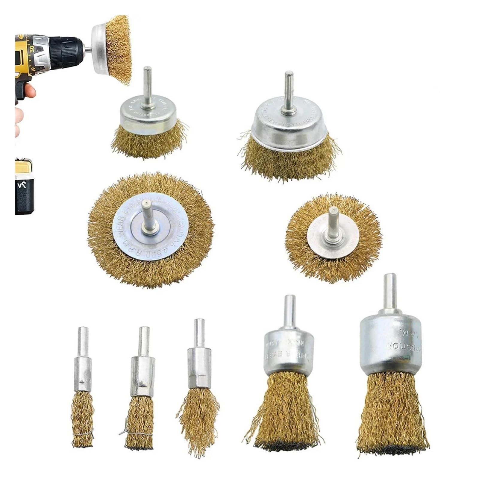 Wiertła do szczotek drucianych, Zestaw szczotek drucianych, 9 sztuk, grube, karbowane, trzpień 1/4 cala, druciane koło do przystawki wiertniczej, szczotki metalowe(9pcs)