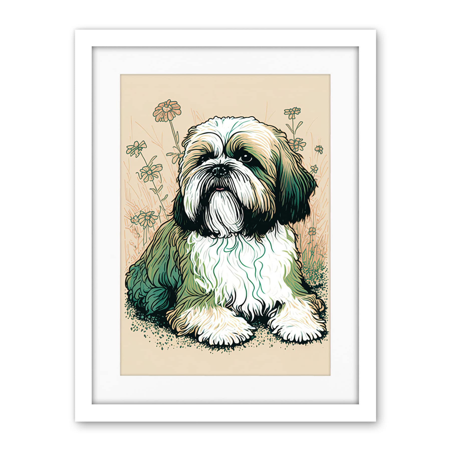 Artery8 Shih Tzu Dog with Daisies Modern Multicoloured Linocut Illustration Artwork Framed Wall Art Print 18X24 Inch