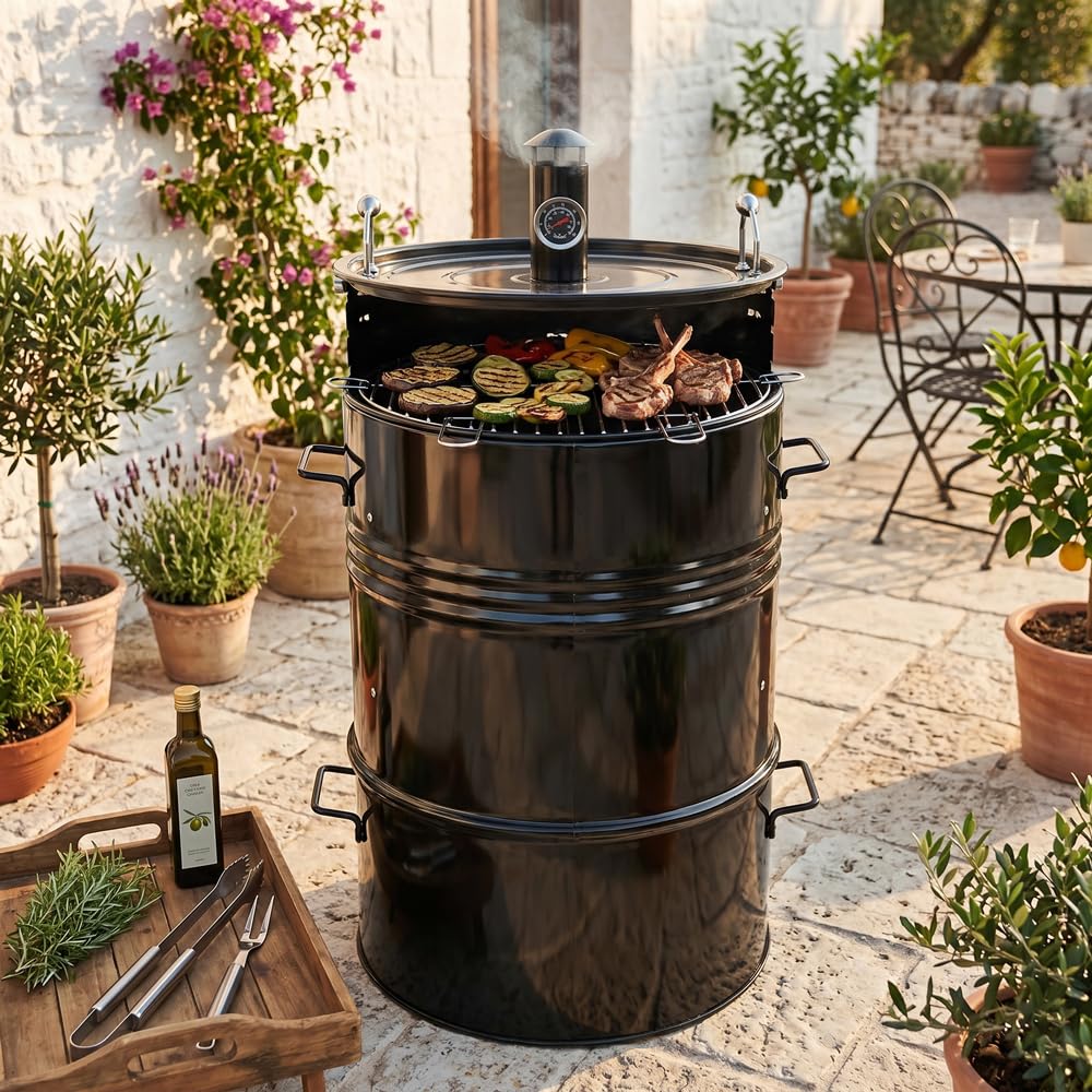 MasterCook - Barbecue A Carbonella Barrel Impilabile In Acciaio Con Termometro E Coperchio, 3 in 1 Multifunzione Grill, Affumicatore E Forno Pizza, Diametro 48 Cm E Altezza 100 Cm