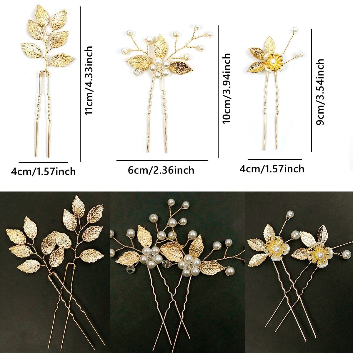 4 Pieces Bridal Wedding Hair Pins Gold Leaf Crystal Pearl Hair Pins Clips Gold Leaf Hair Pins | Pearl & Crystal Bridal Hair Clips (set  main image 4