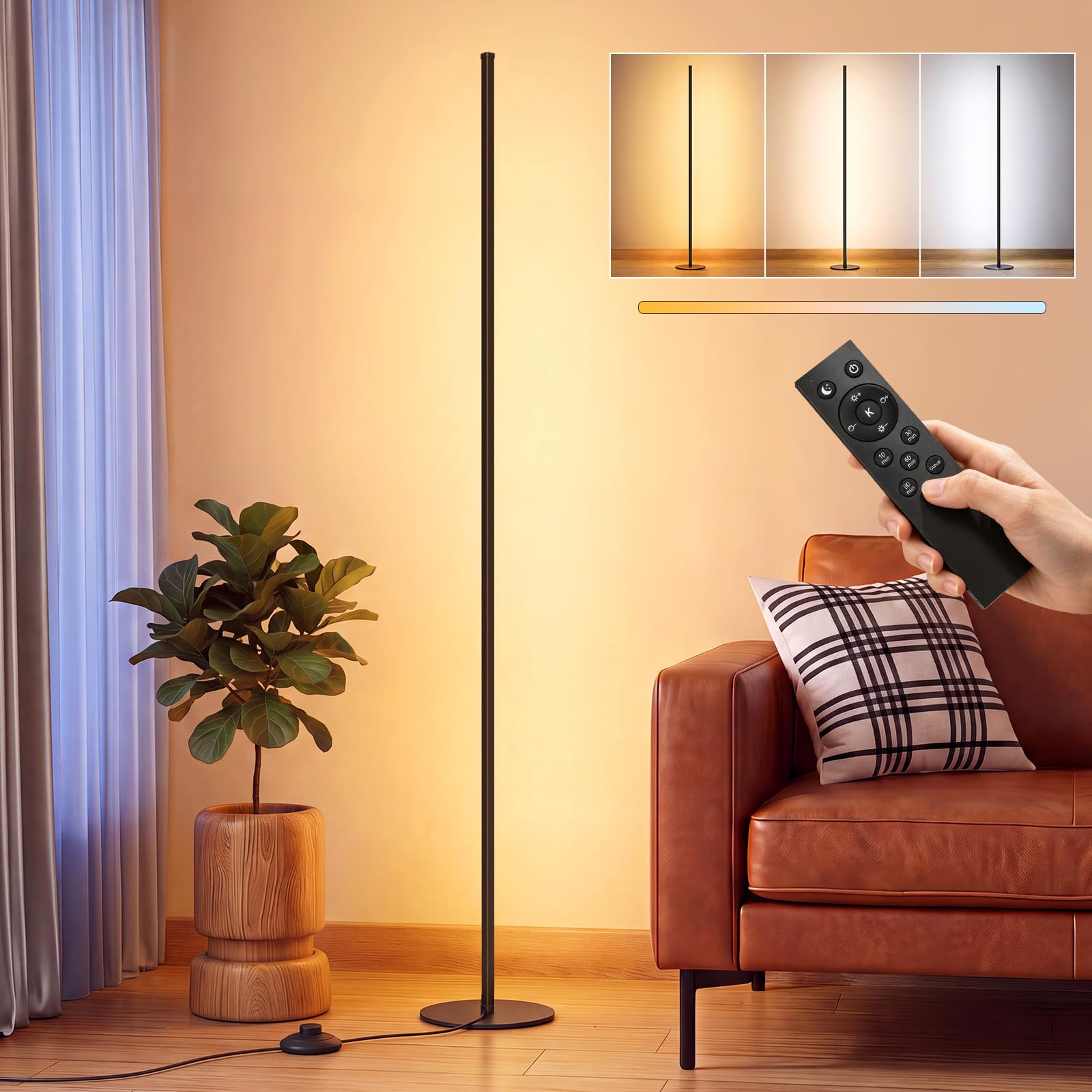 LED Stehlampe Wohnzimmer Dimmbar - 150cm Modern Stehlampe mit Fernbedienung 2700-6500K, Timing-Funktion Indirekte Beleuchtung Wohnzimmer Ecklampe für Schlafzimmer Gaming-Zimmer Deko Wohnzimmer-Schwarz