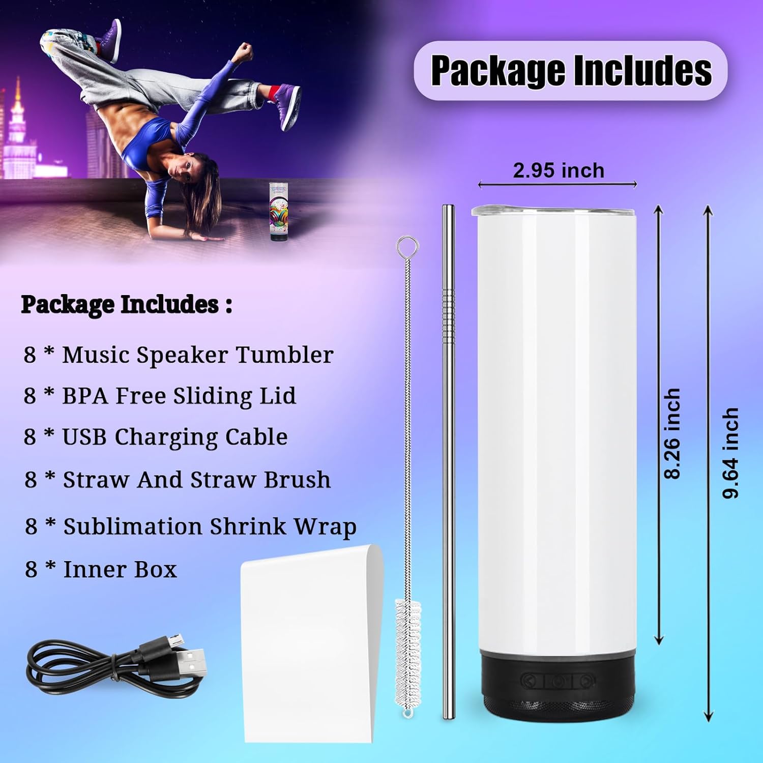 8 Pack 20Oz Music Speaker Tumbler, Sublimation Tumbler Blanks Skinny Straight, Double Wall Insulated Music Coffee Mug with Detachable LED Light, Speaker Cup(Black) - Image 2