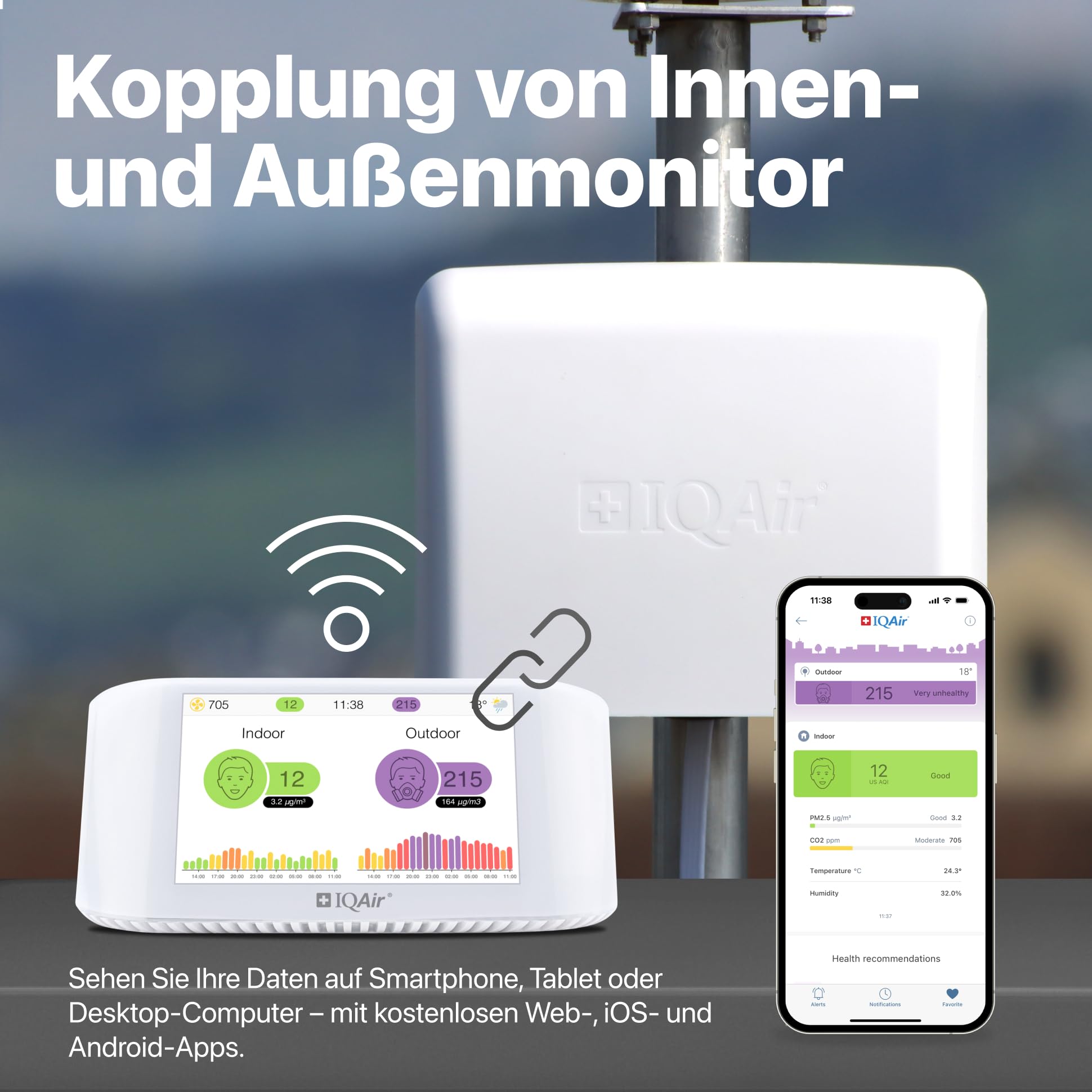 IQAir AirVisual Outdoor Luftqualitätsmonitor für außen - Luftqualität Messgerät & Feinstaubmessgerät mit PM2.5, PM10, AQI, Temperatur, Luftfeuchtigkeit, WLAN/Ethernet, Wetterfest. Made in Germany