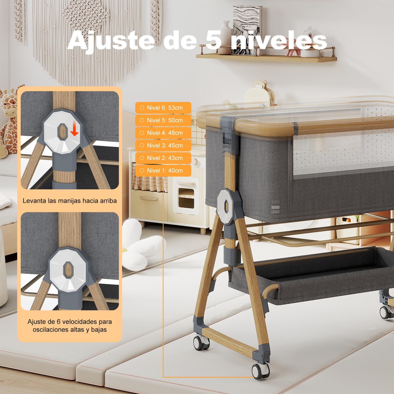 Cuna 3 en 1, Cuna de colecho,Crib Mecedora, Ajuste de Altura e inclinación del colchón (Color veta de Madera)