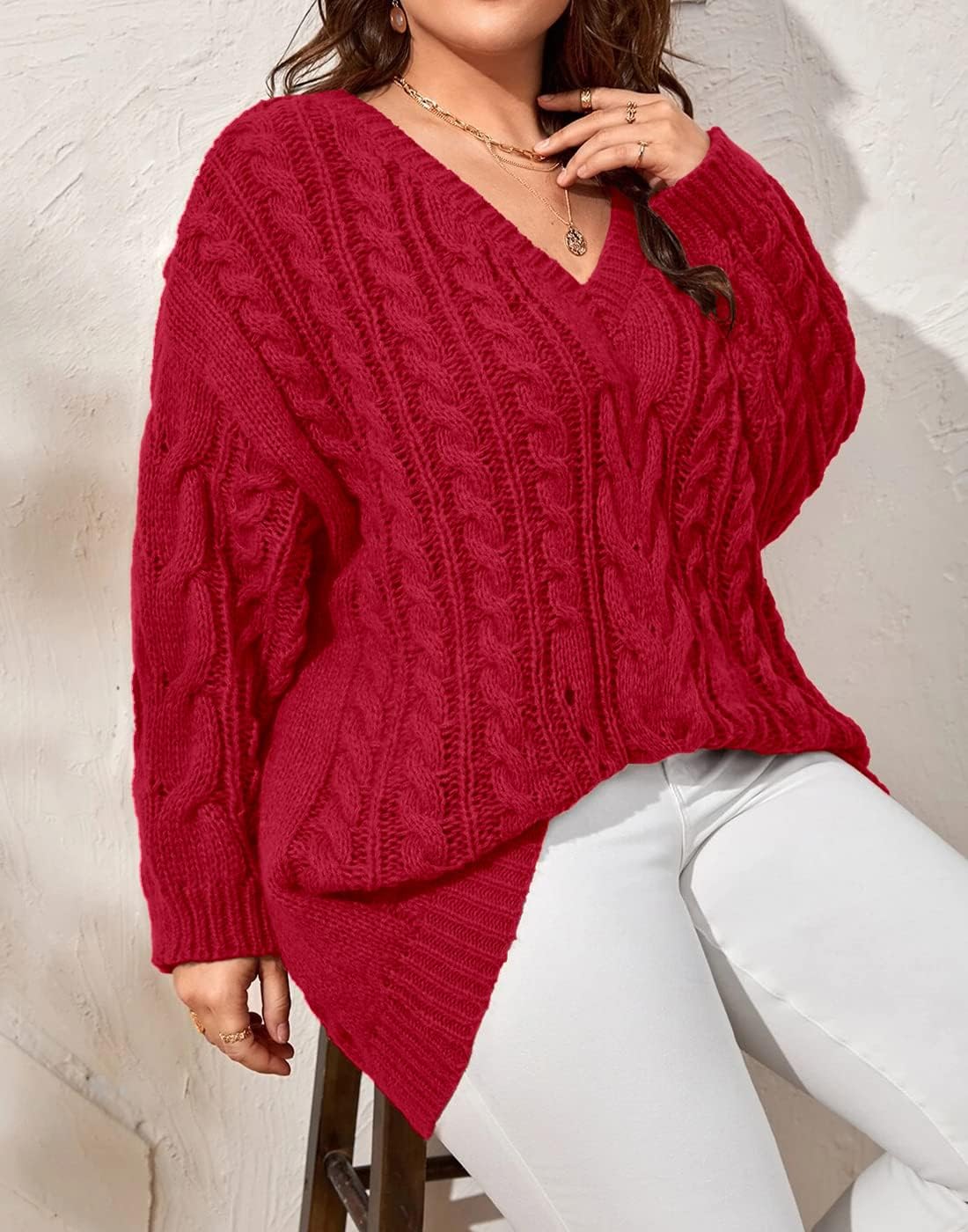Dyexces Plus Size Sweaters for Women V Neck Long Sleeve Cable Knit Sweaters Casual Fall Sweaters Soft Jumper Tops - Image 3