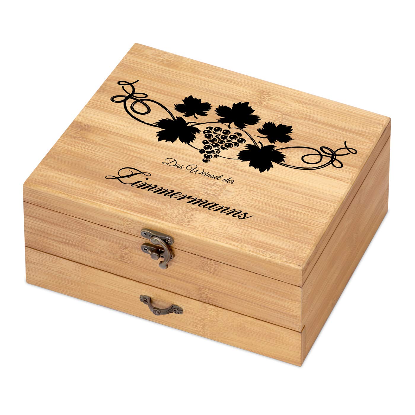 Maverton Weinöffner-Set personalisiert Weinset Sommelier Set - Geschenkbox Holzbox + 8er Weinzubehörset - aus Bambus - Braun - Weihnachtsgeschenke - Geschenk Hochzeit Hochzeitstag Paar - Weintraube