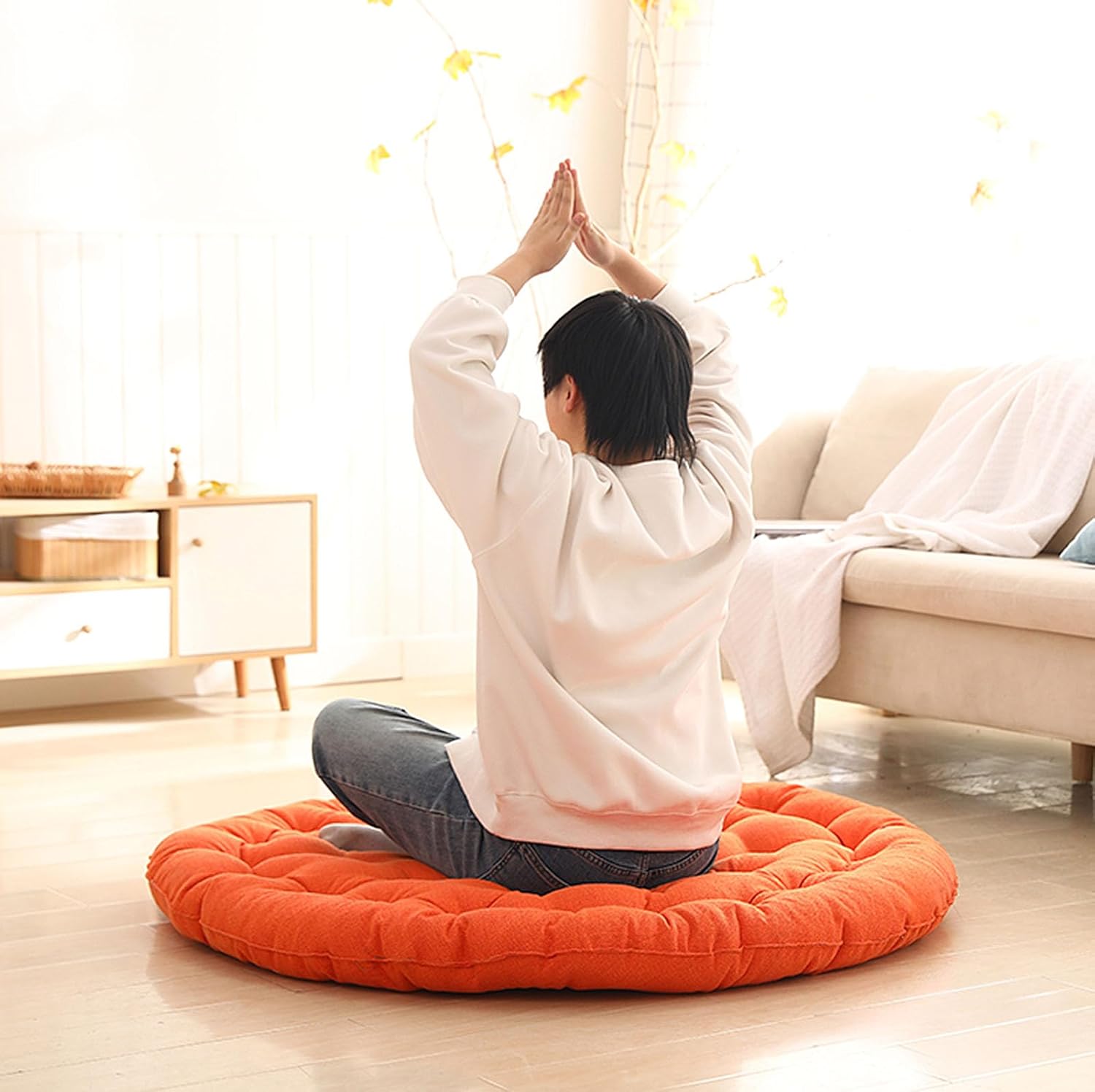 Large Floor Cushions,Round Linen Futon Pillows Japanese Style Tufted Floor Pillows Meditation Cushions for Seating on Floor Windows Pad for Yoga Sofa Balcony (Beige,26"x26"x4")