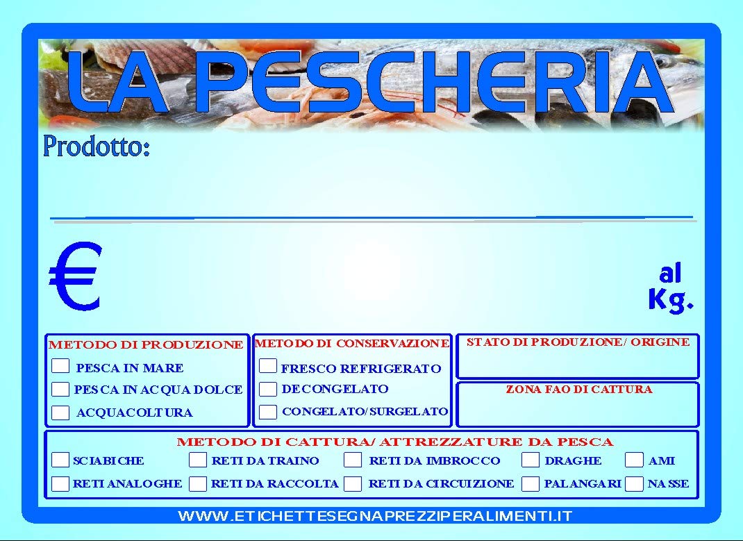 etichettesegnaprezziperalimenti 30 SEGNAPREZZI PLASTIFICATI PESCHERIA 8,3x11,3 cm.