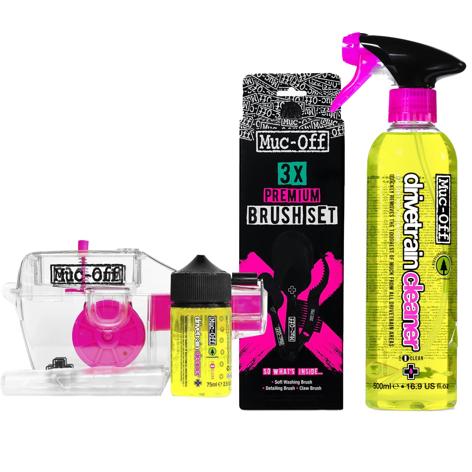 Muc-Off X3 Chain Cleaner + Drivetrain Cleaner 500ml + 3 Brush Set | Eco-friendly and Efficient Bike Maintenance Kit | Perfect for Road, MTB &amp; Gravel Bikes