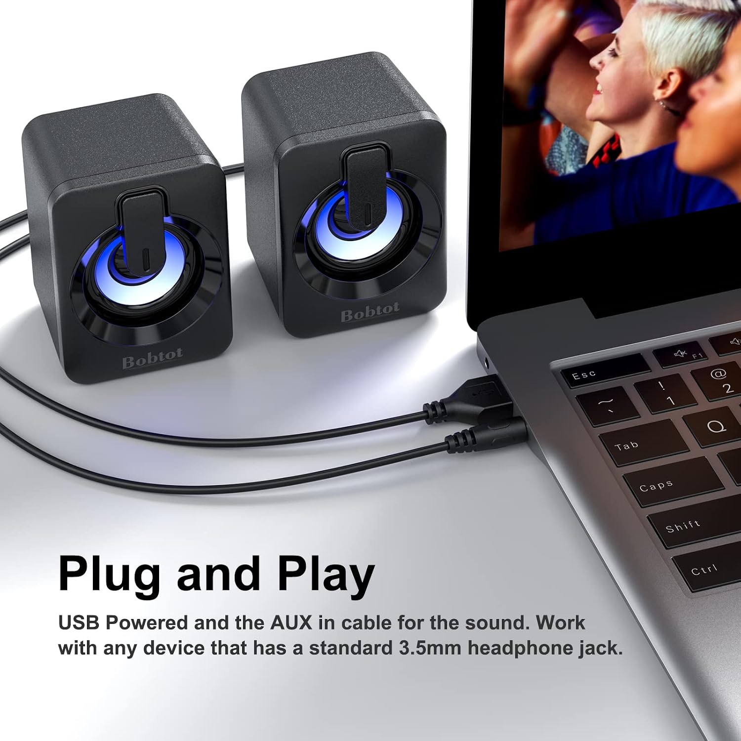 Computer Speaker USB Powered Speaker - Portable Mini Bluetooth Subwoofer with RGB Lights Volume Control 3.5mm AUX-in HiFi Stereo Sound Desk Audio System for PC Monitor Tablets Desktop Laptop Cellphone