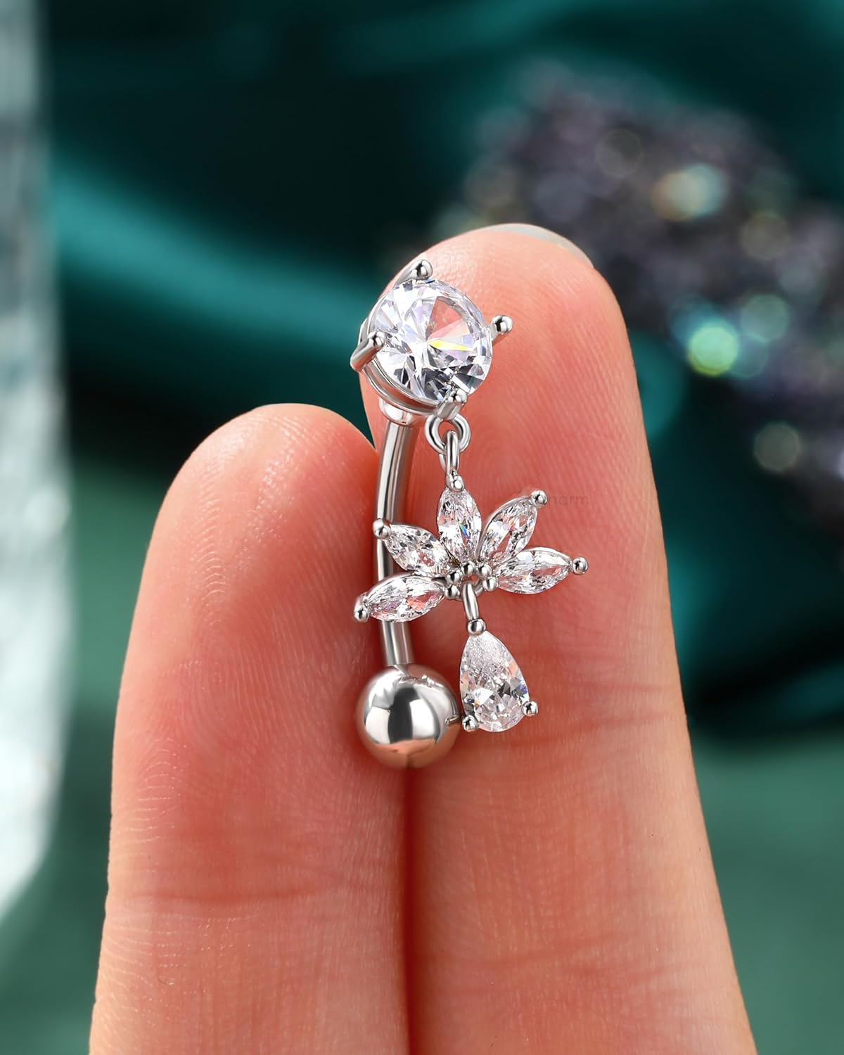 COCHARM Flower Dangle Belly Button Ring, 14G Gold Reverse Belly Button Piercing for Women, Surgical Steel Silver Navel Piercing Jewelry Hypoallergenic - Image 4