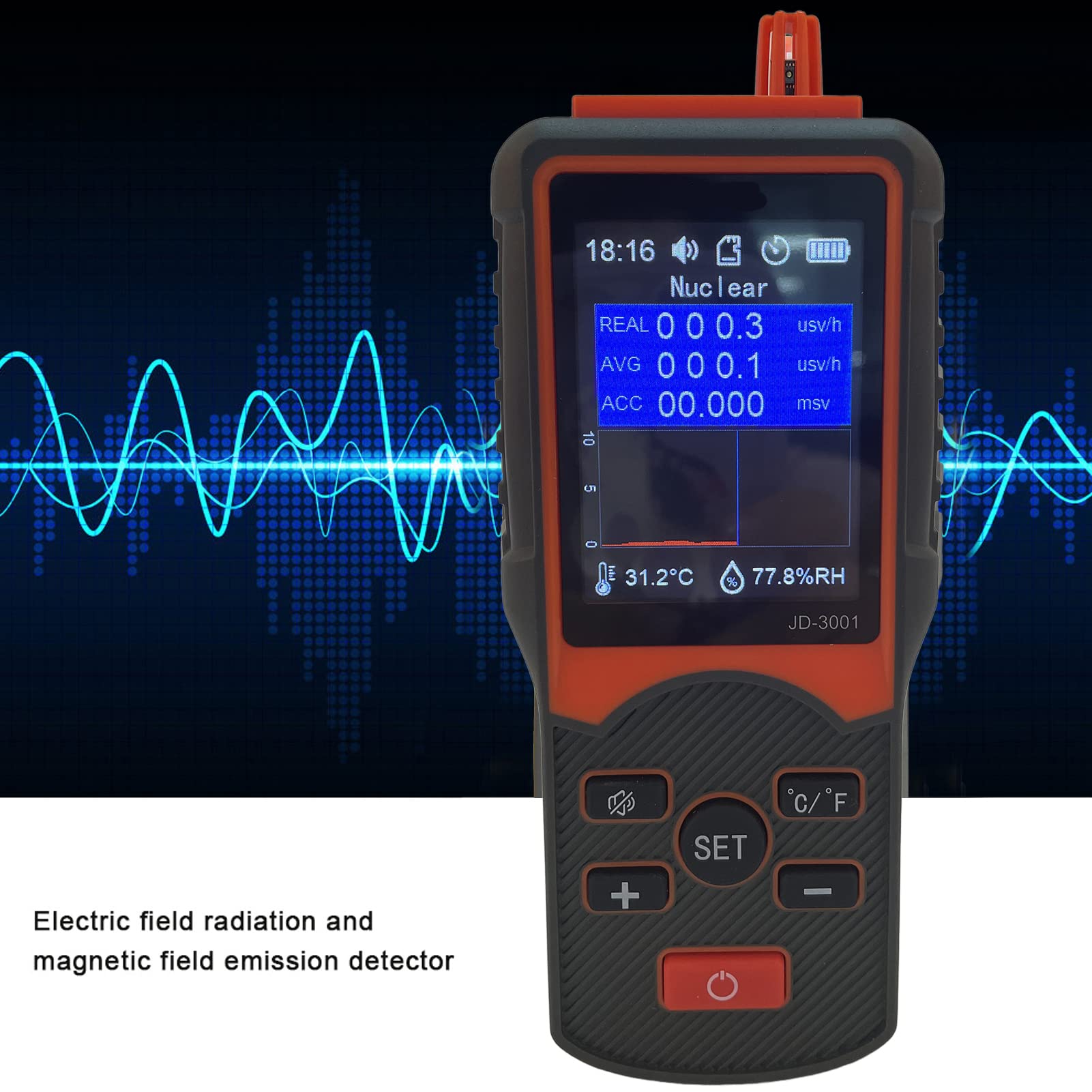 Nuklearer Strahlungsdetektor JD 3001 Geigerzähler-Monitor, Tragbarer Elektromagnetischer Strahlungstester, Echtzeitüberwachung, Digitales Erkennungsmessgerät, Tragbares Dosimeter, Elektromagnetischer