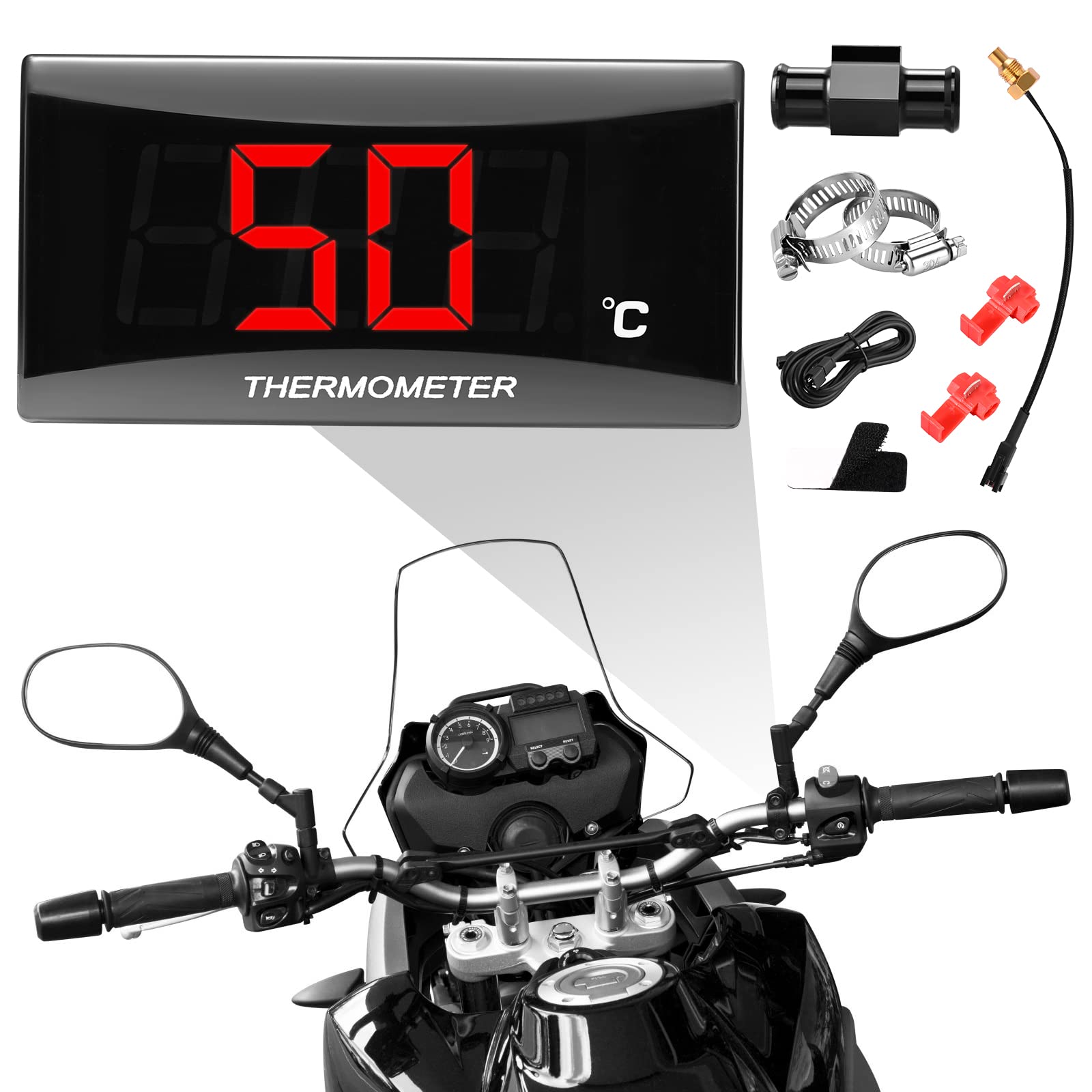 Thermomètre Numérique pour Moto avec Adaptateur 18mm/22mm, Affichage de Température D'eau, Capteur de Sonde en Métal Étanche pour KOSO(22)