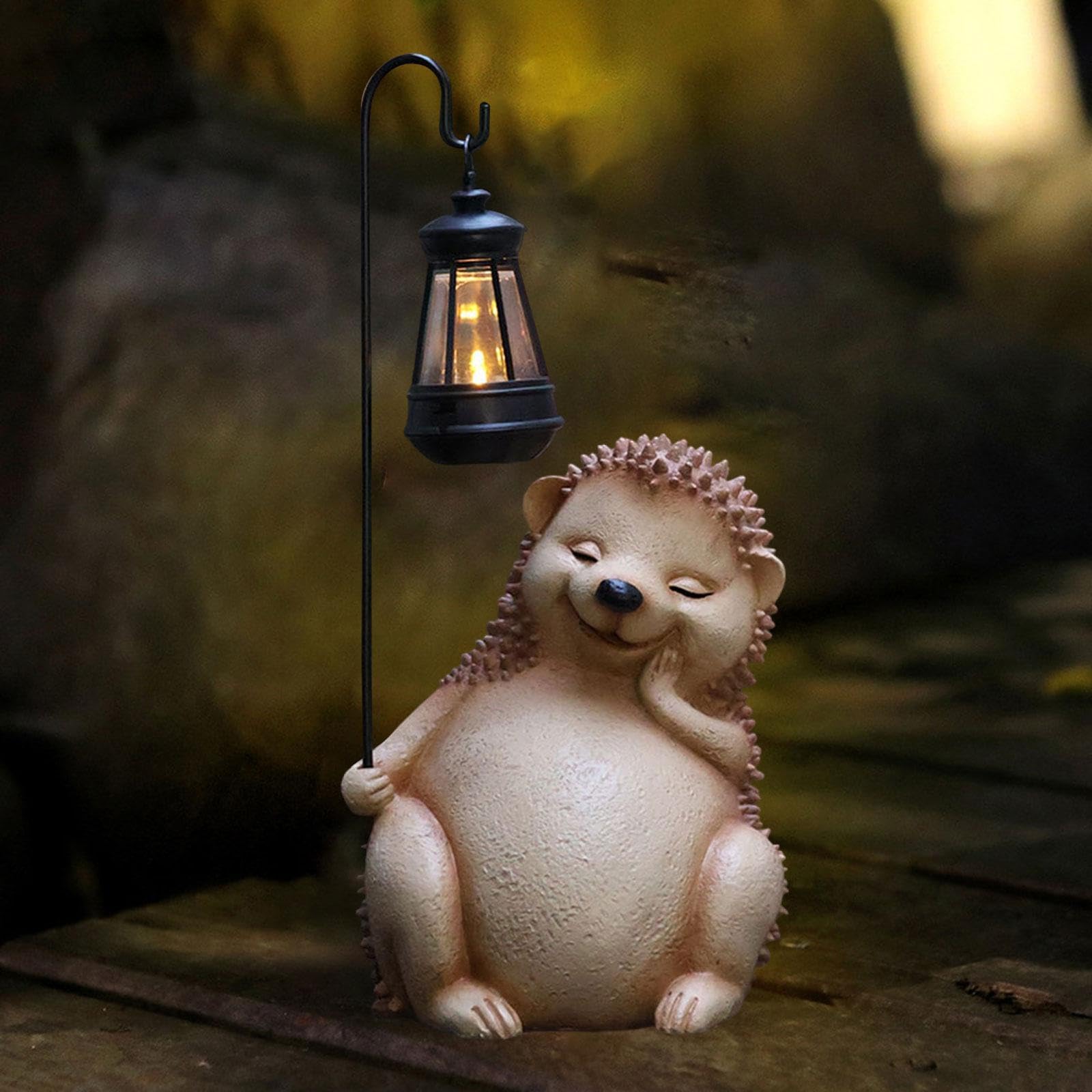 predolo Escultura de Animal de Resina, Estatua de Jardín con Luz Solar, Figura de Erizo con Farol para Uso Exterior, Ideal para Un Cumpleaños, MARRÓN